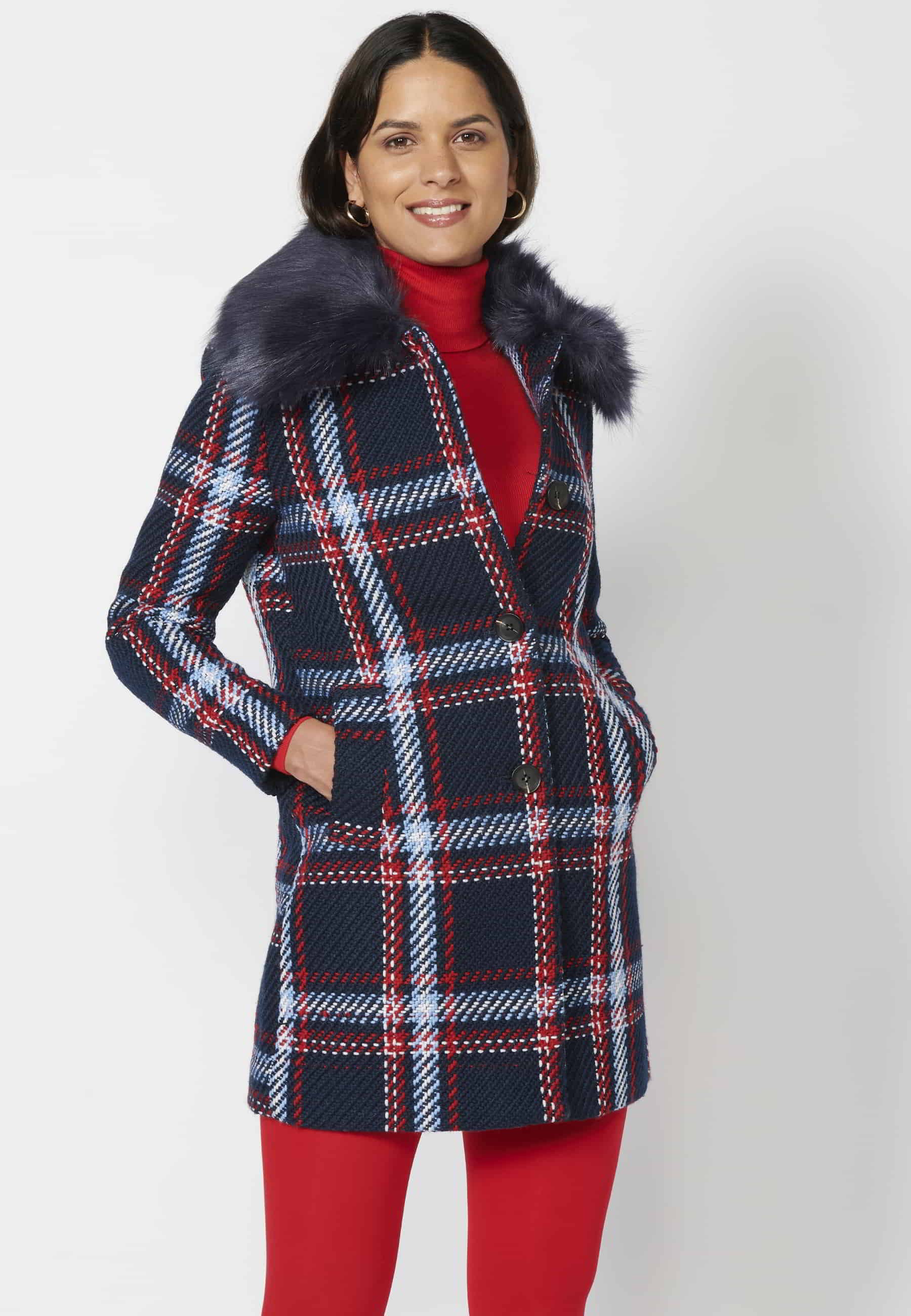 Navy Striped Long-Sleeve Tweet Coat with Detachable Collar Faux Fur for Women