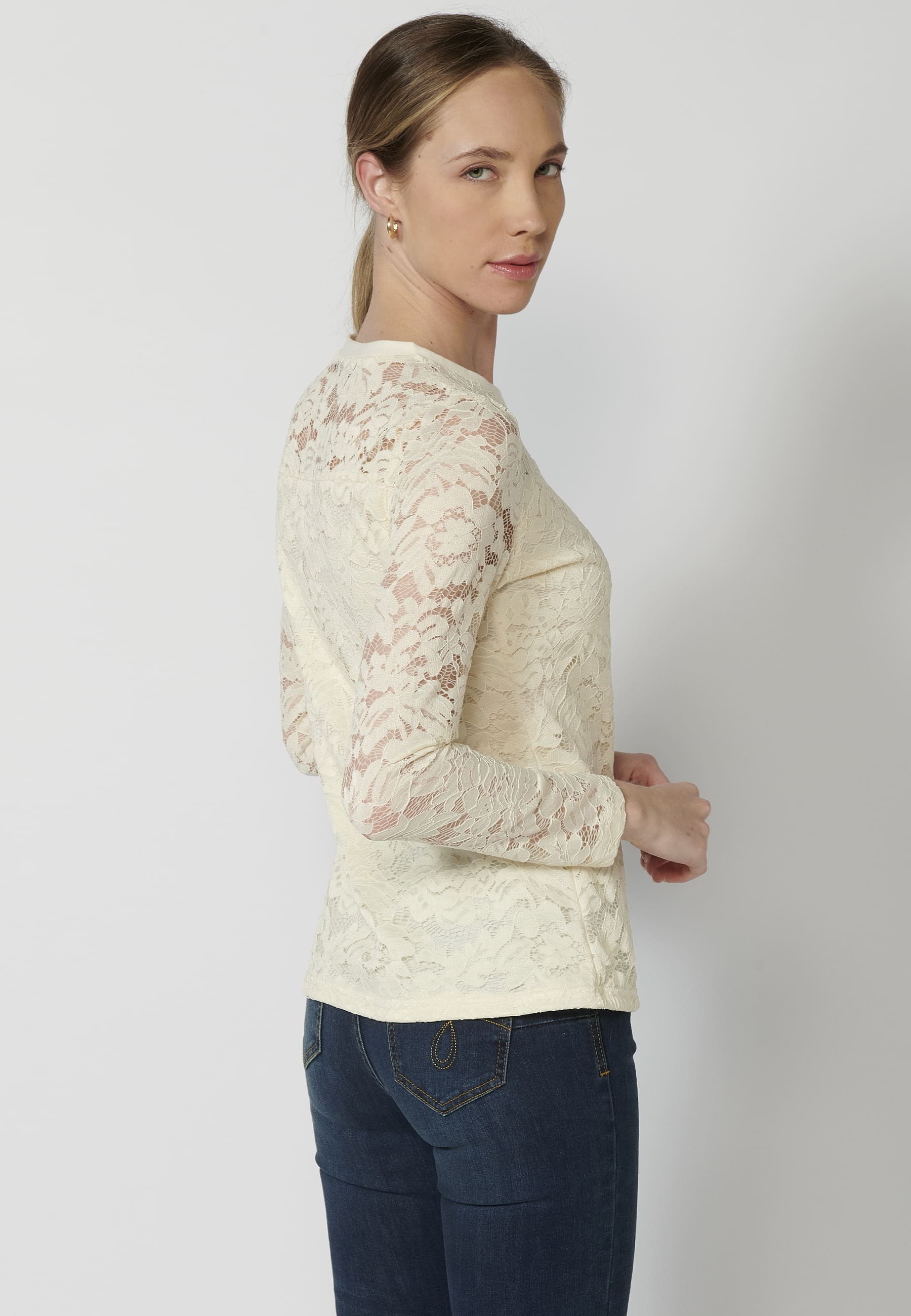 Camiseta de manga larga estilo blonda floral y cuello redondo color Beige para Mujer