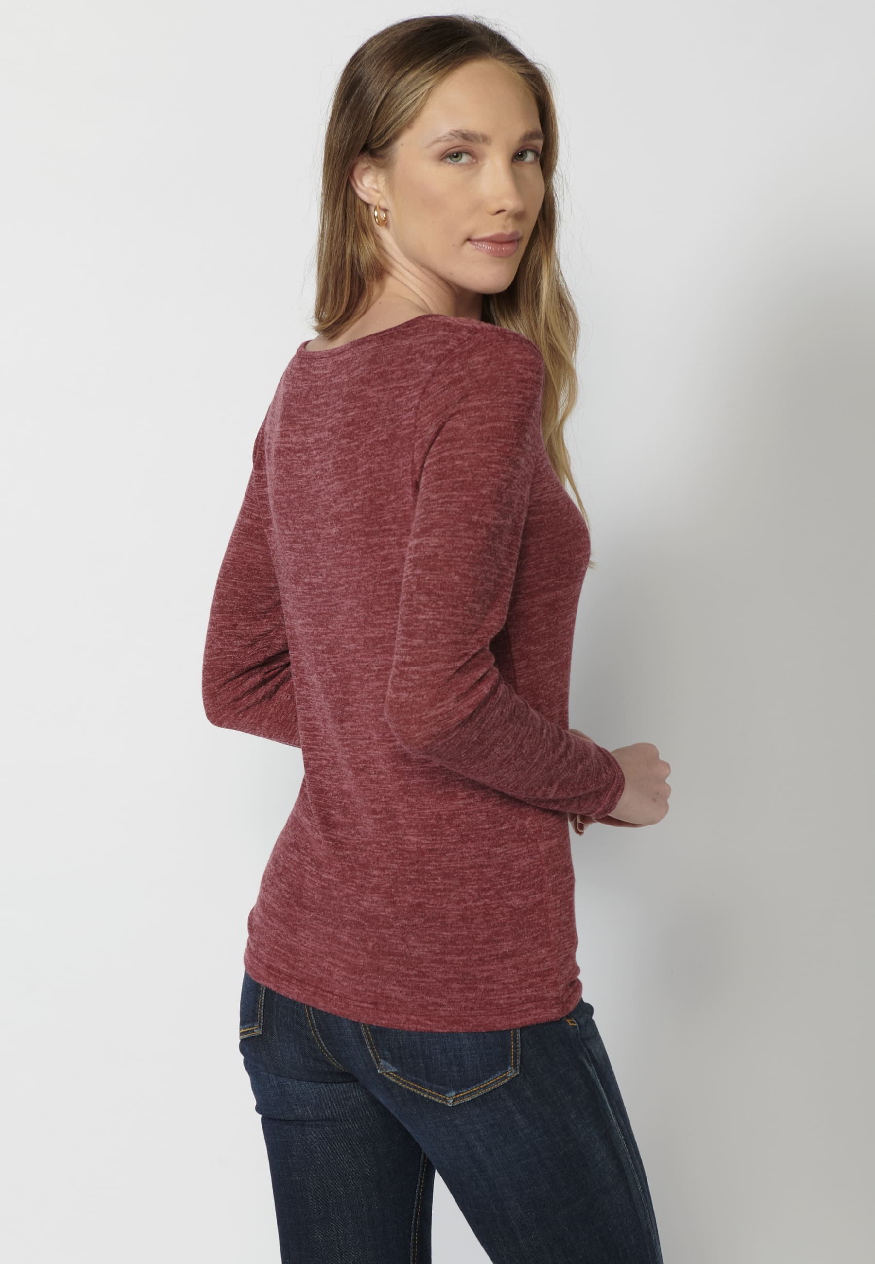 T-shirt couleur marron à manches longues et décolleté en cœur pour Femme