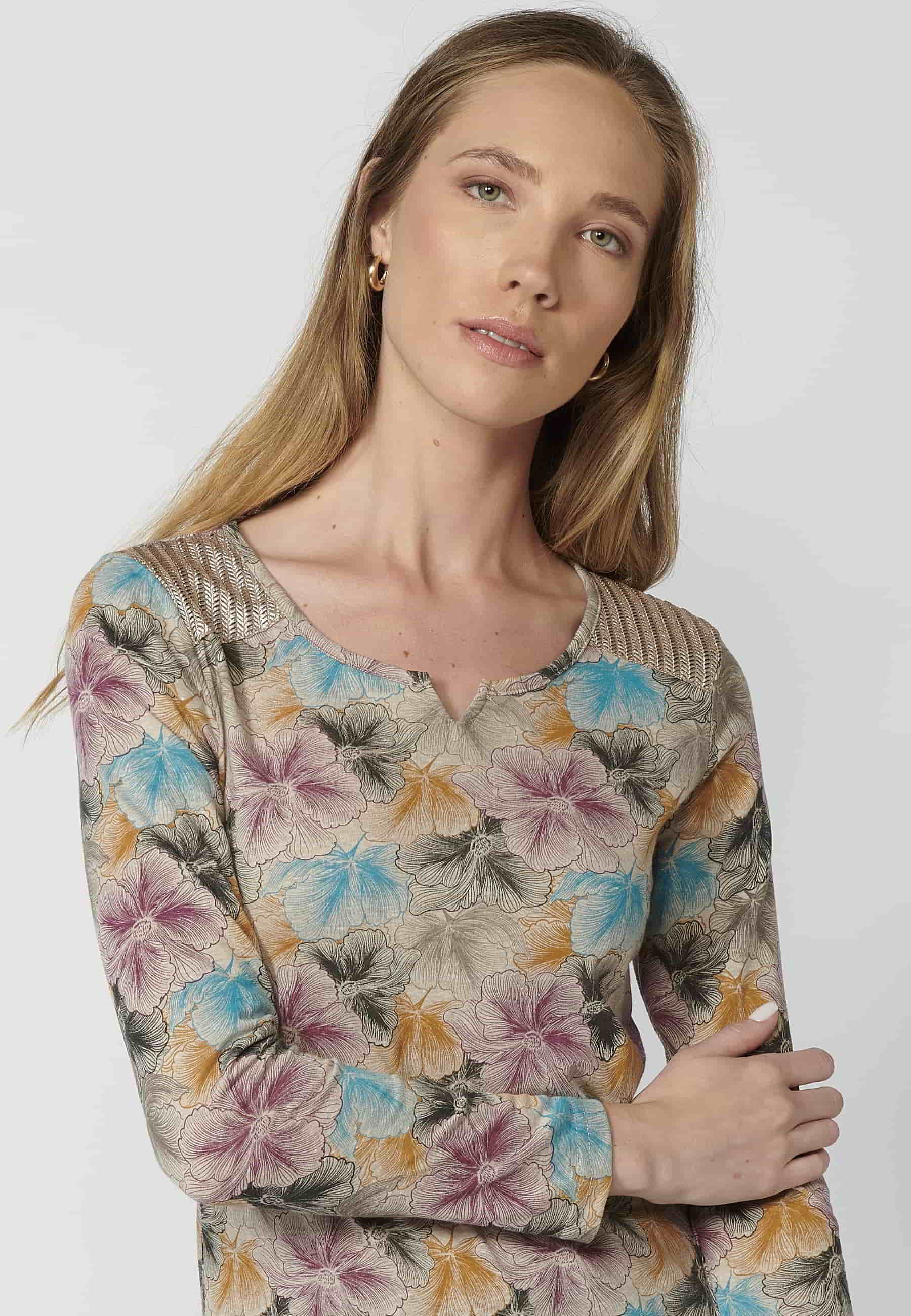 Multicolor Floral Print Sweetheart Sleeve T-shirt for Women 3