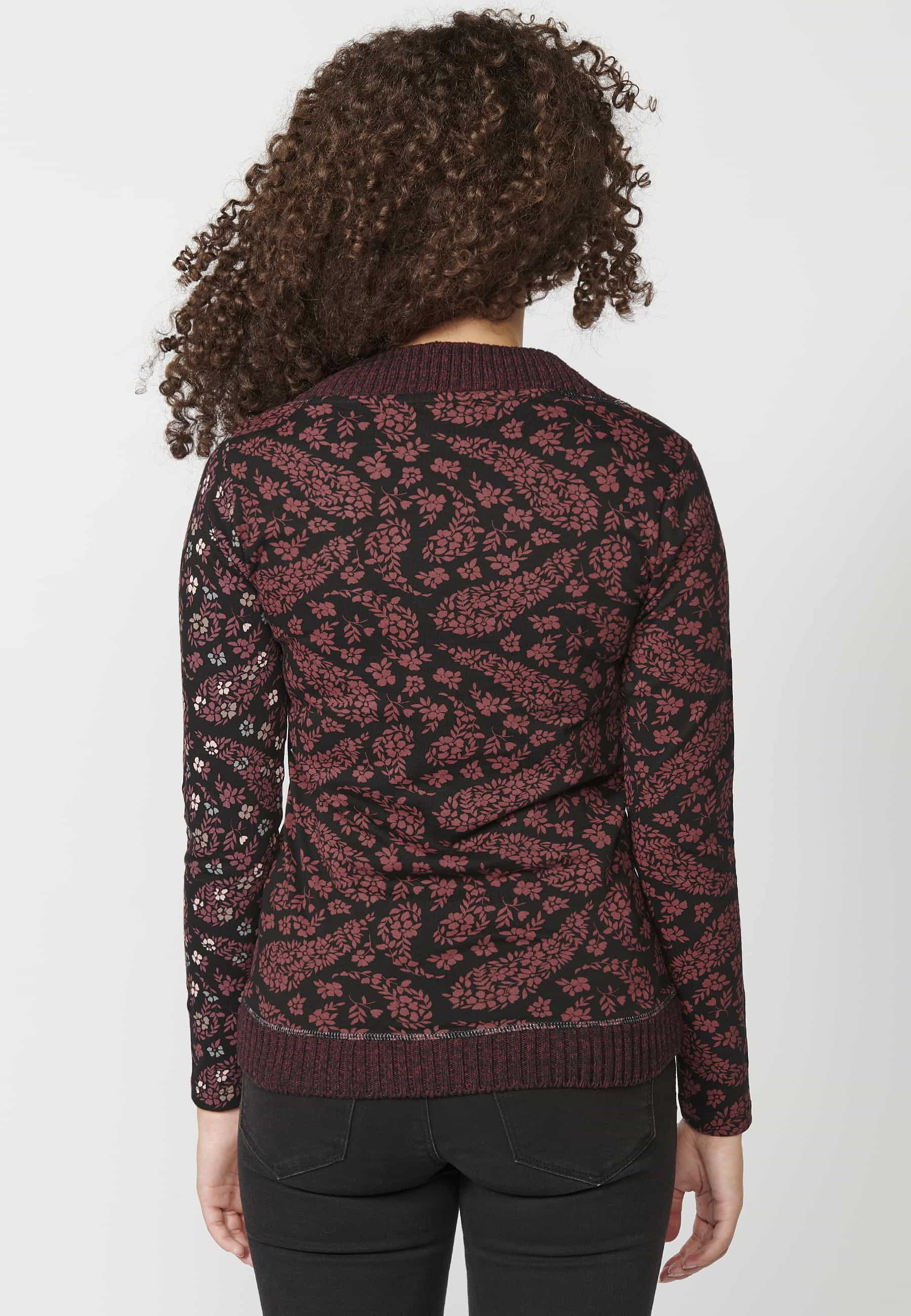 Burgundy long-sleeved cotton T-shirt with crossed V neckline and floral print for Woman 5