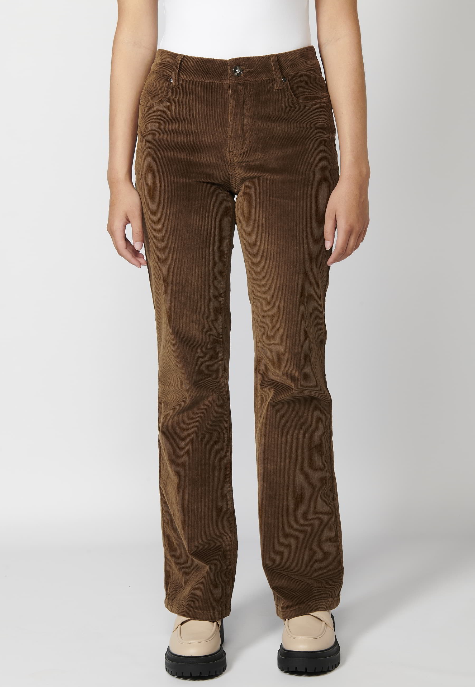 Pantalon long évasé marron en velours côtelé pour Femme