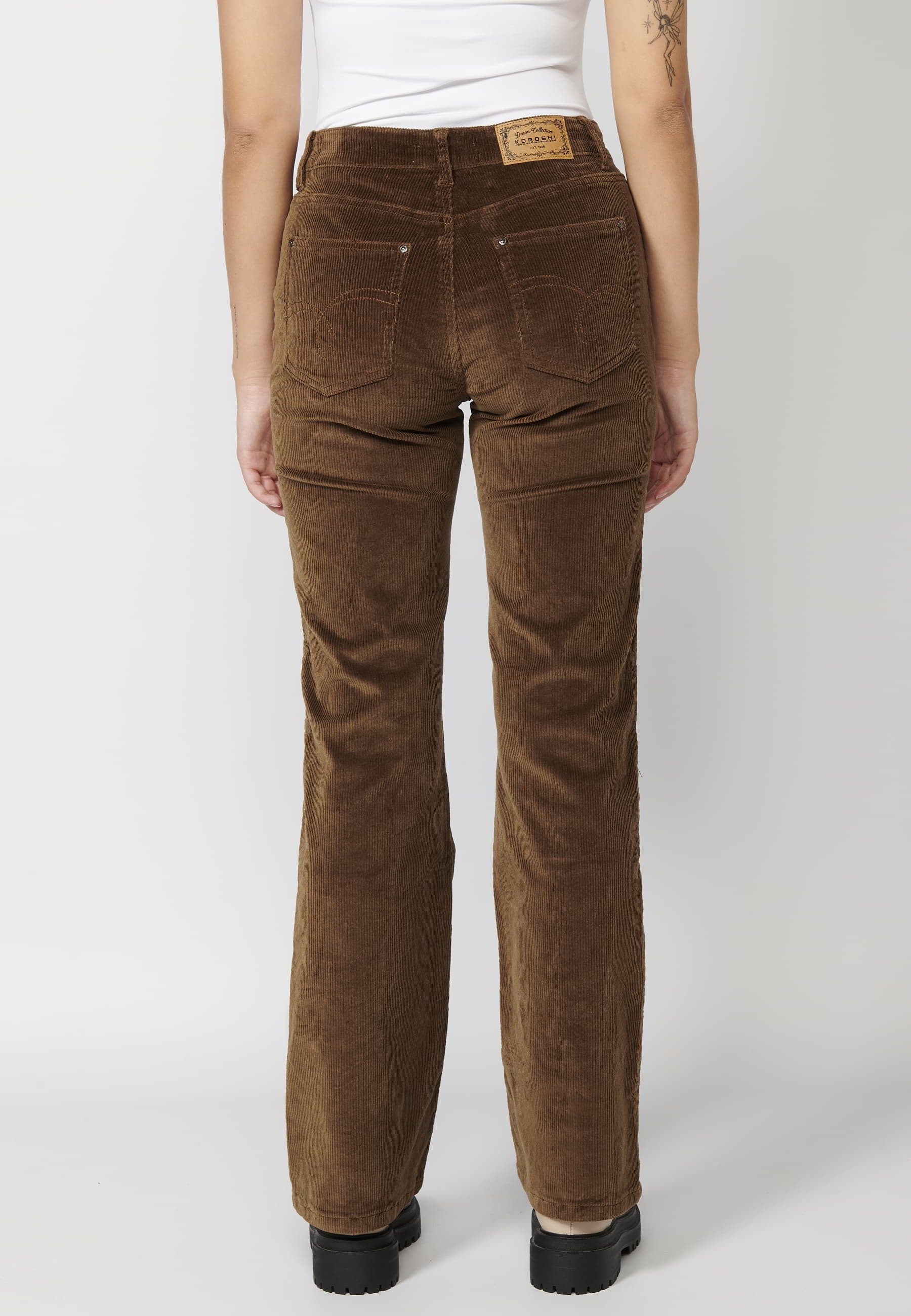 Pantalon long évasé marron en velours côtelé pour Femme