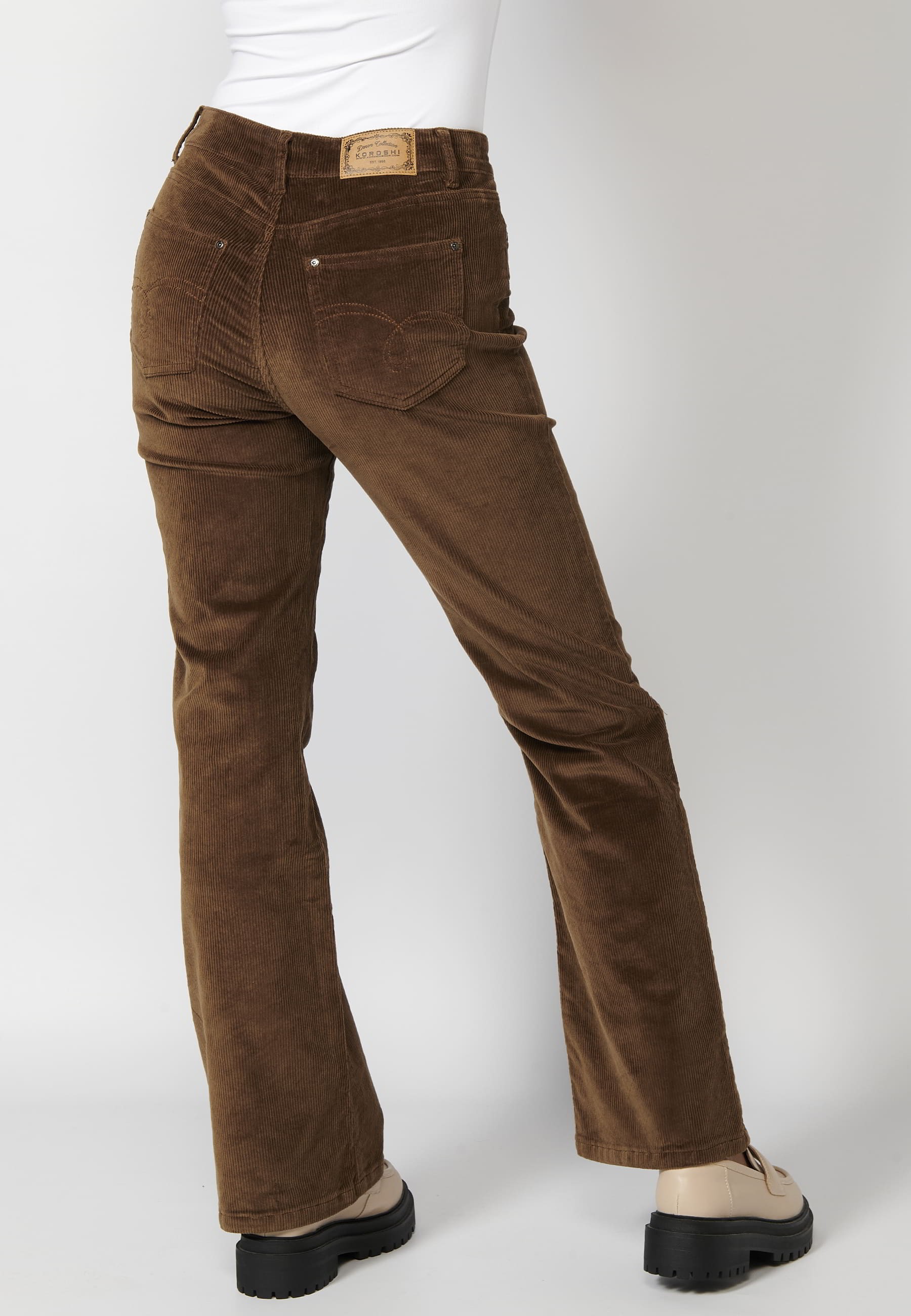 Pantalon long évasé marron en velours côtelé pour Femme