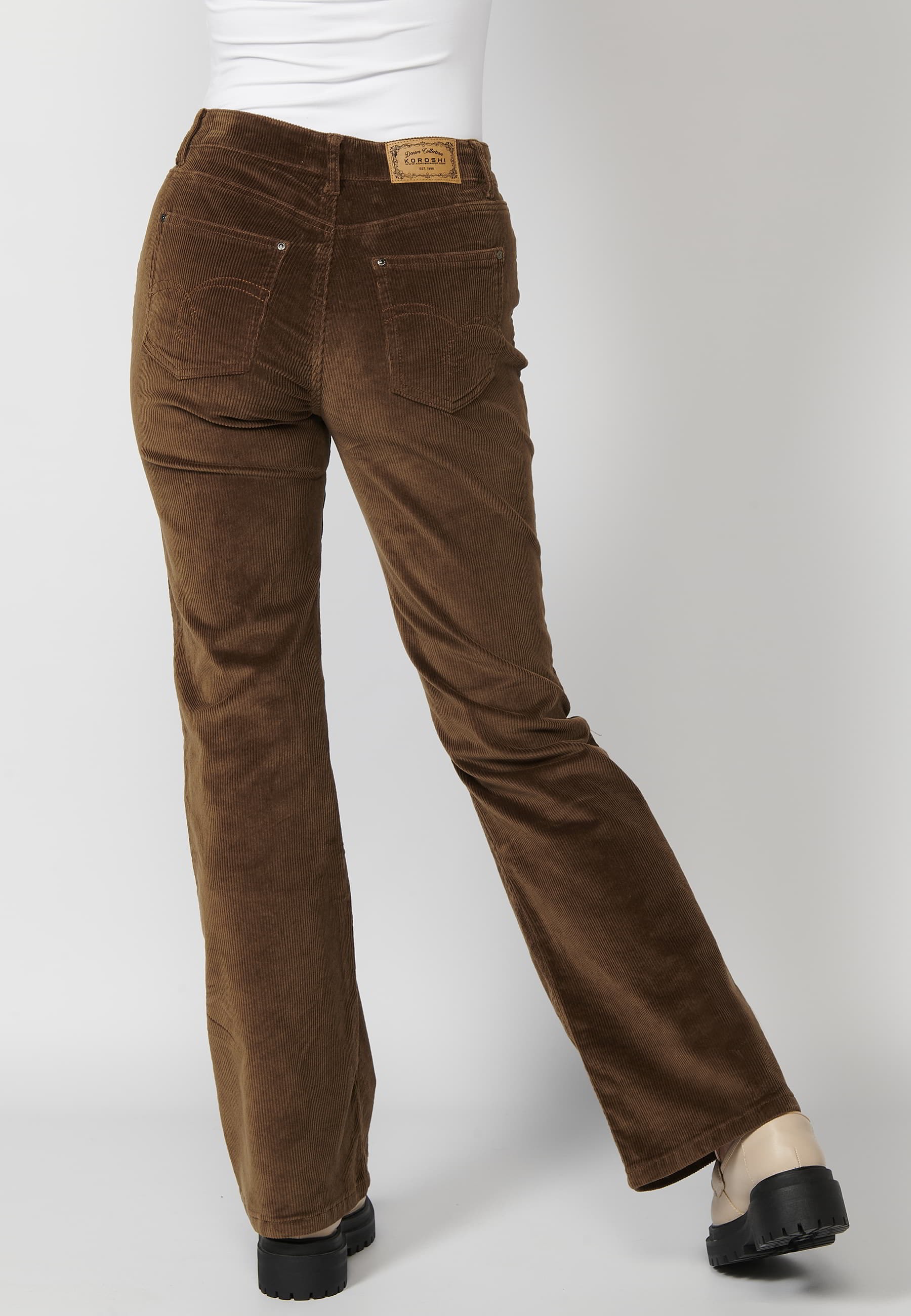 Pantalon long évasé marron en velours côtelé pour Femme