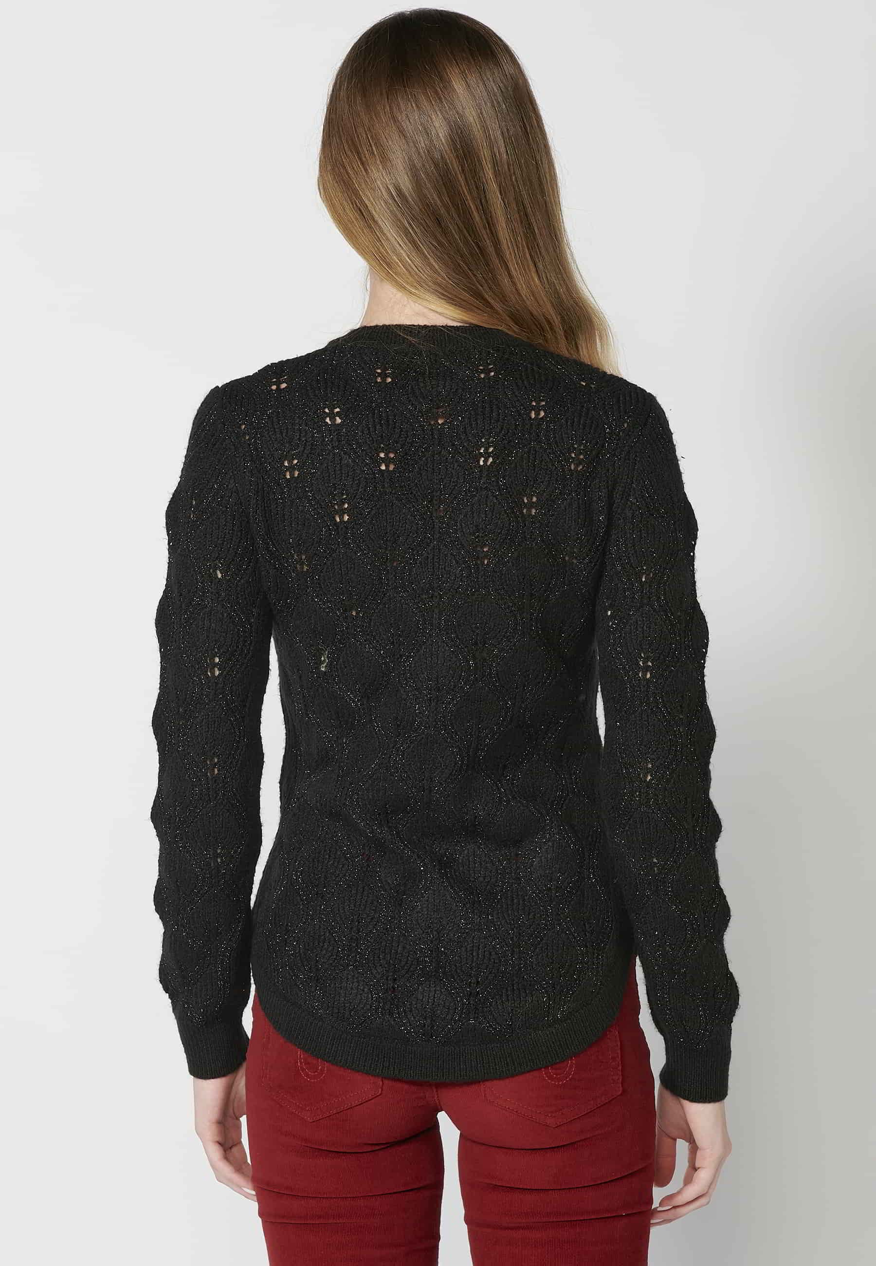 Black openwork long-sleeved round neck sweater for Women 6