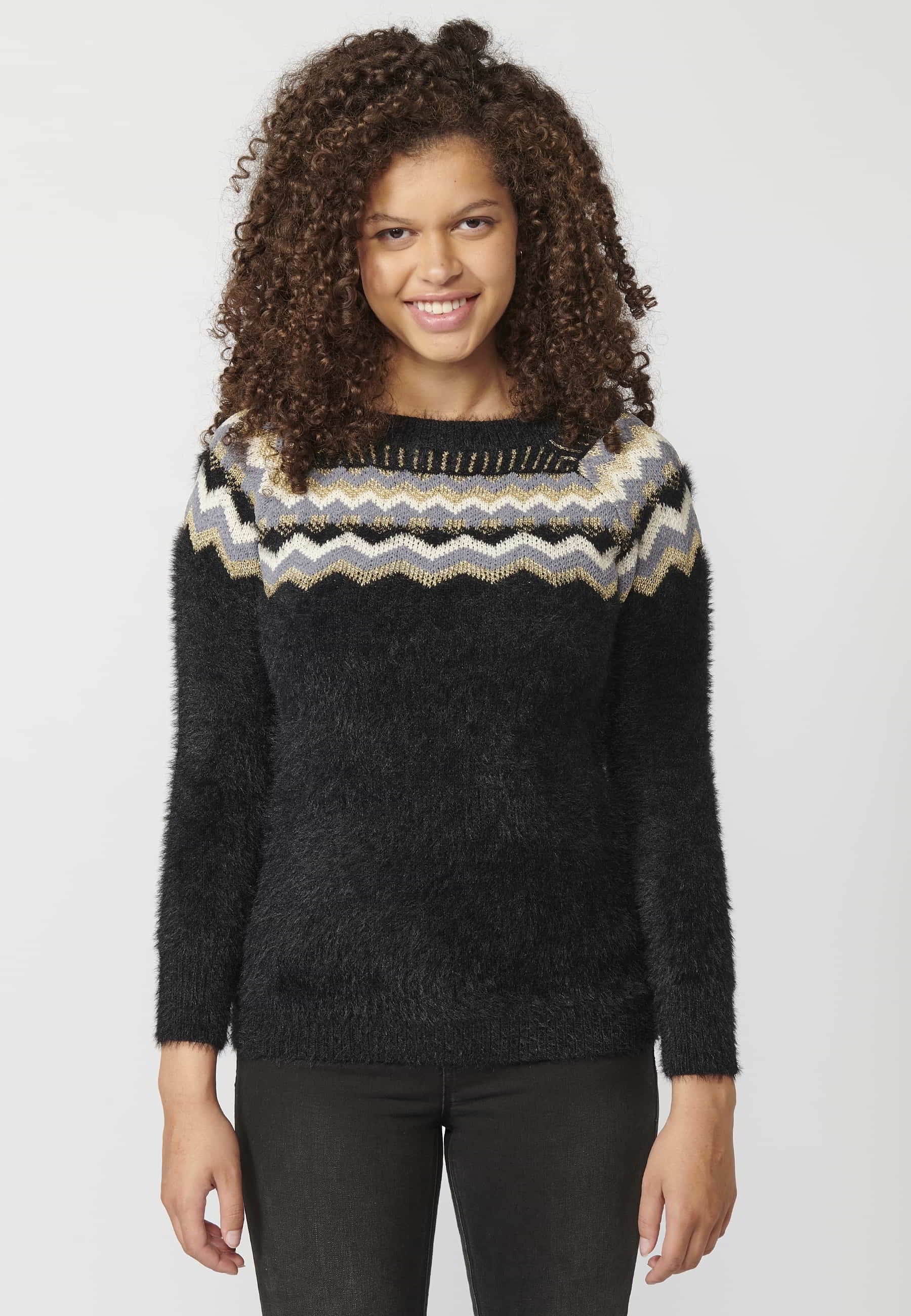 Pull tricoté noir à manches longues et col rond pour femme 2