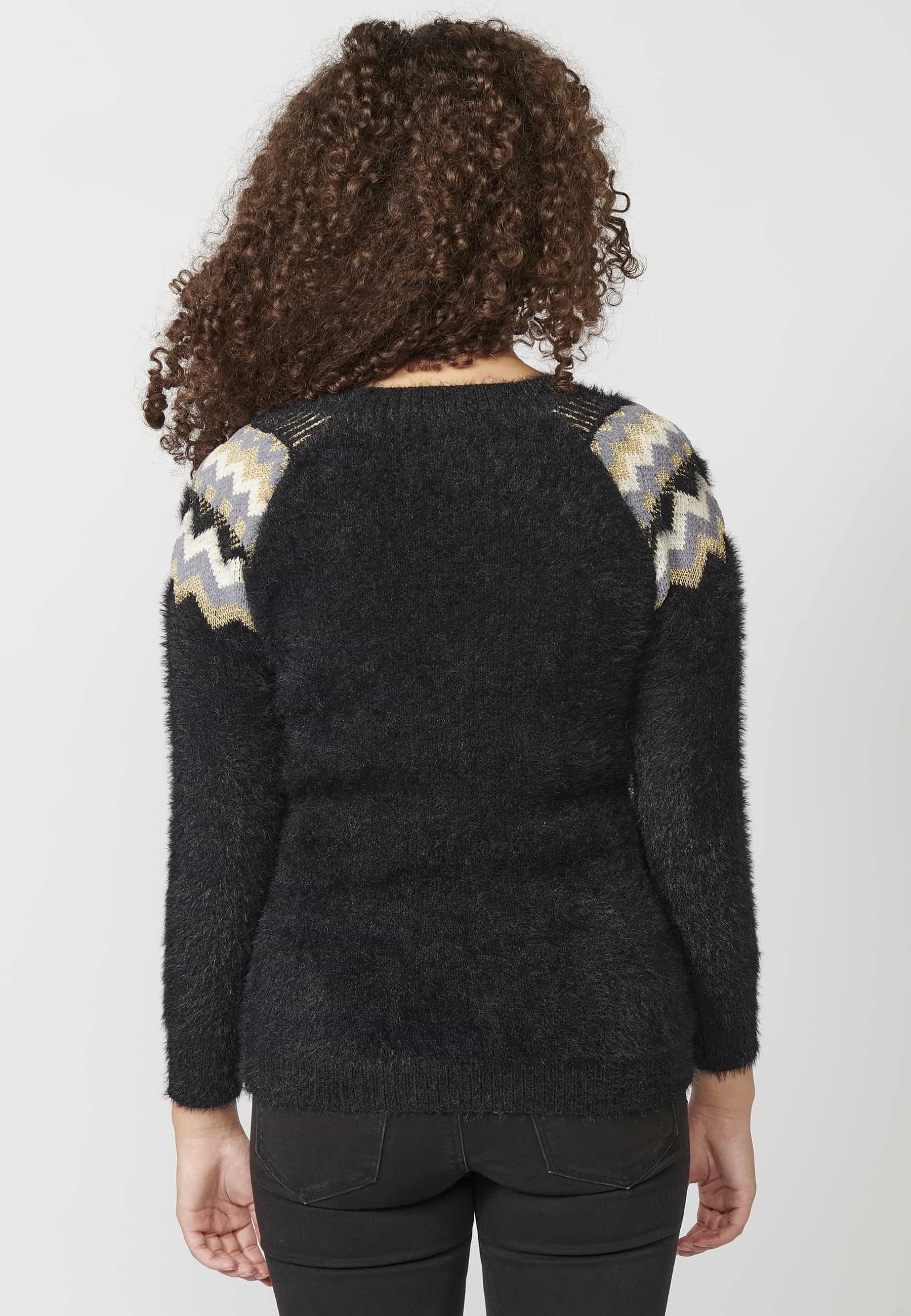 Schwarzer Damen-Strickpullover mit Rundhalsausschnitt und langen Ärmeln 5