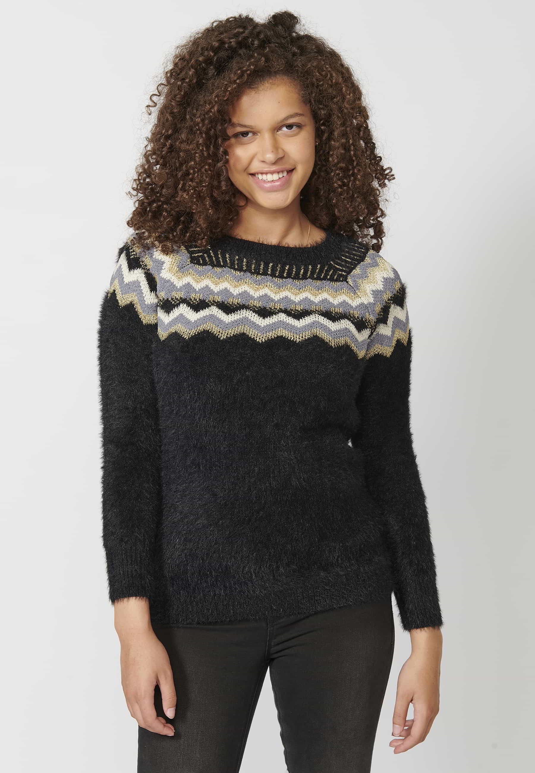 Schwarzer Damen-Strickpullover mit Rundhalsausschnitt und langen Ärmeln 6