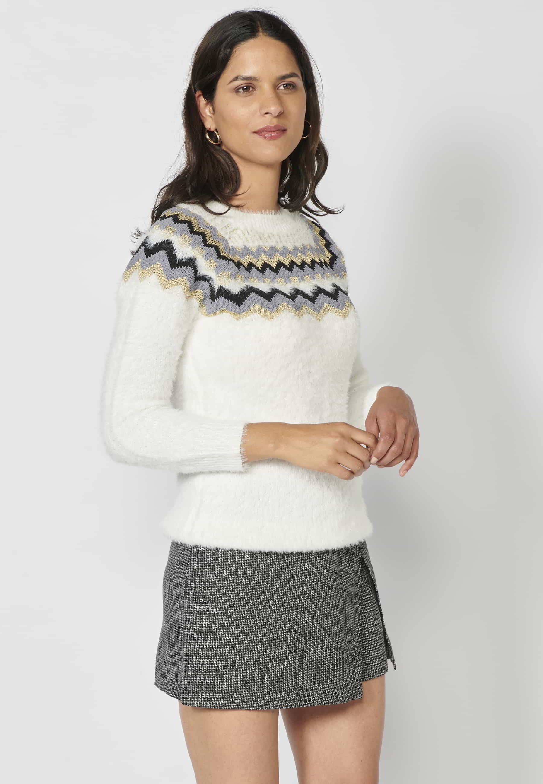 Ecrufarbener, langärmliger Strickpullover mit Rundhalsausschnitt für Damen