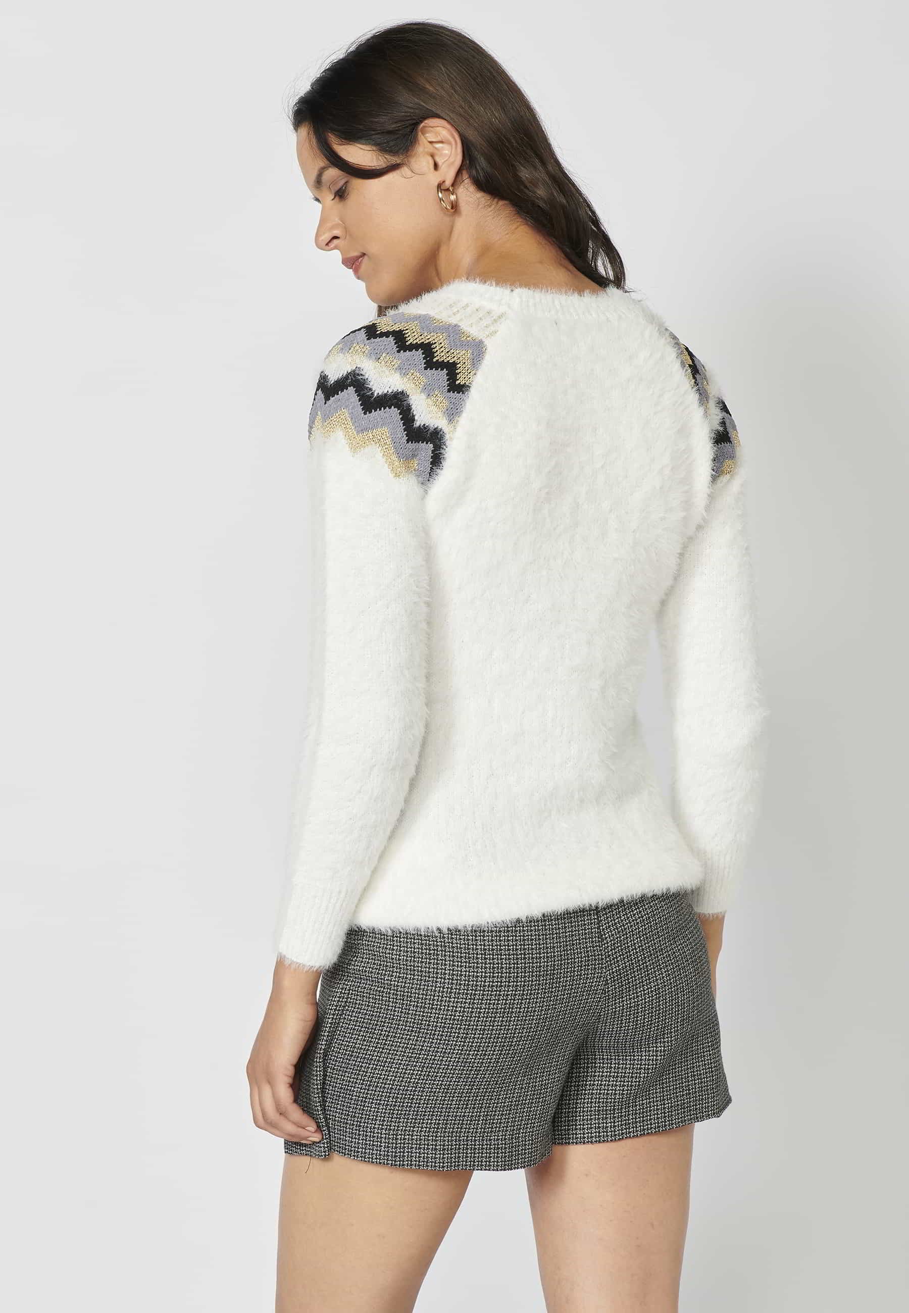 Ecrufarbener, langärmliger Strickpullover mit Rundhalsausschnitt für Damen