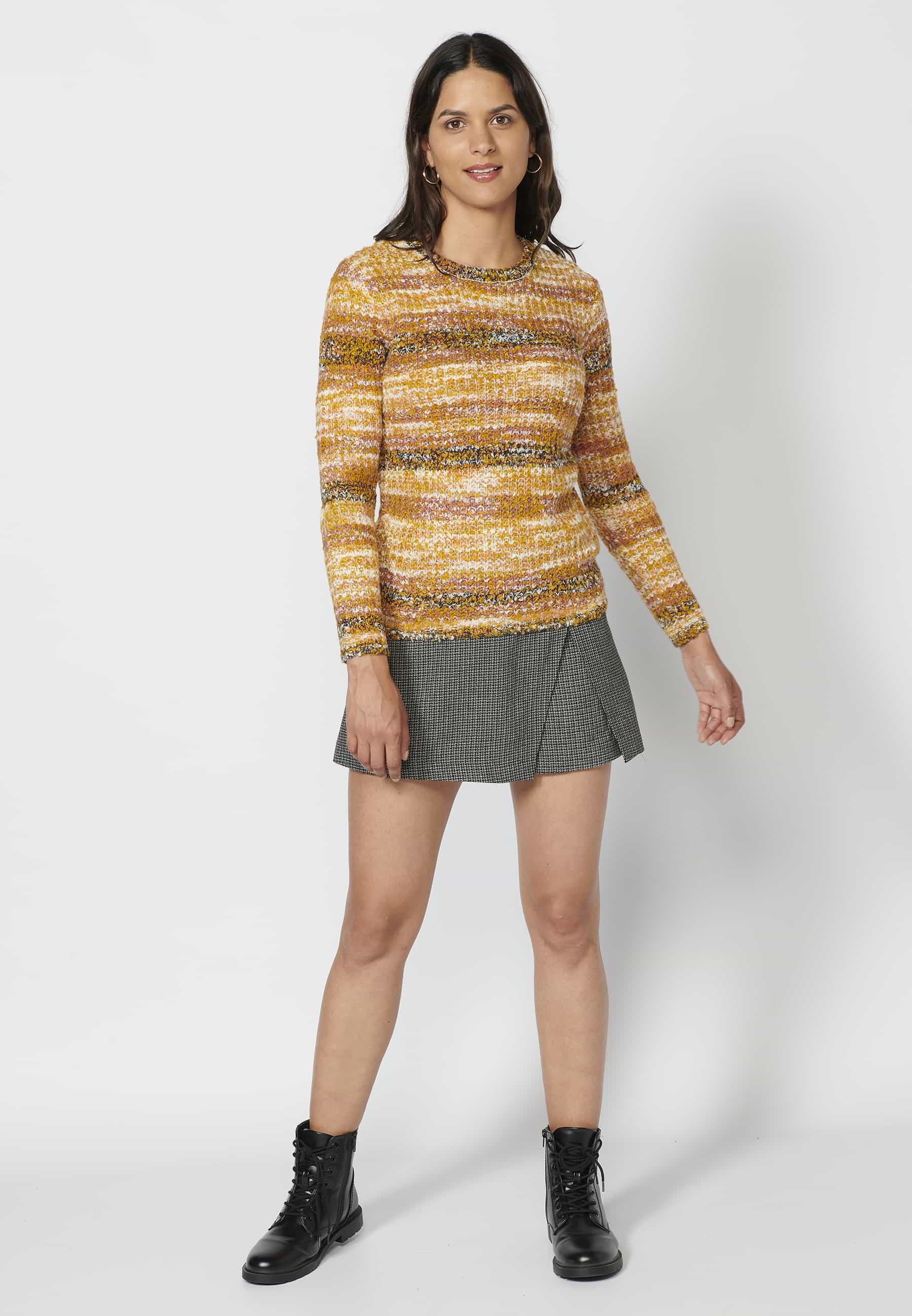 Mustard color striped long-sleeved sweater for Women