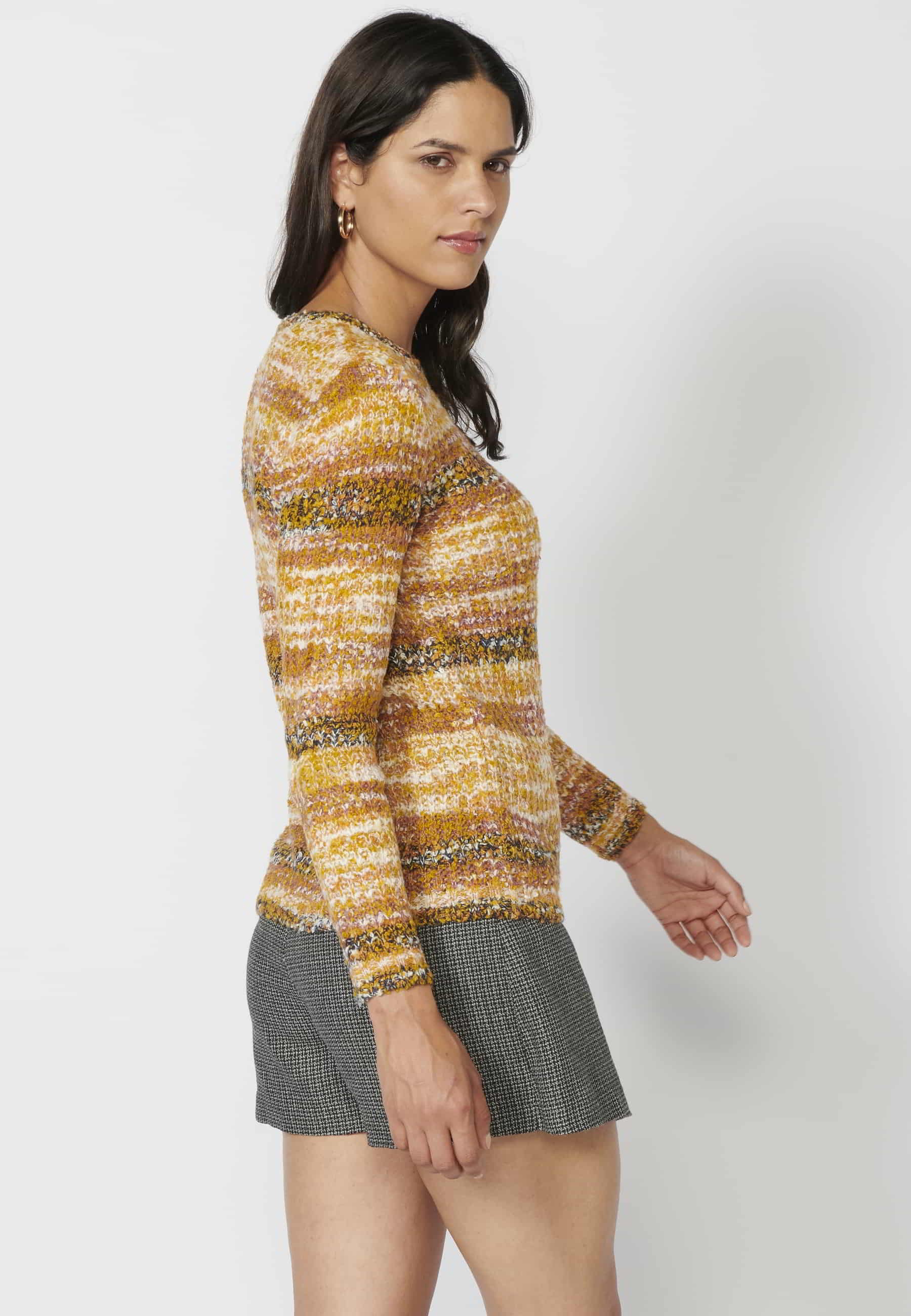 Pull rayé à manches longues couleur moutarde pour Femme