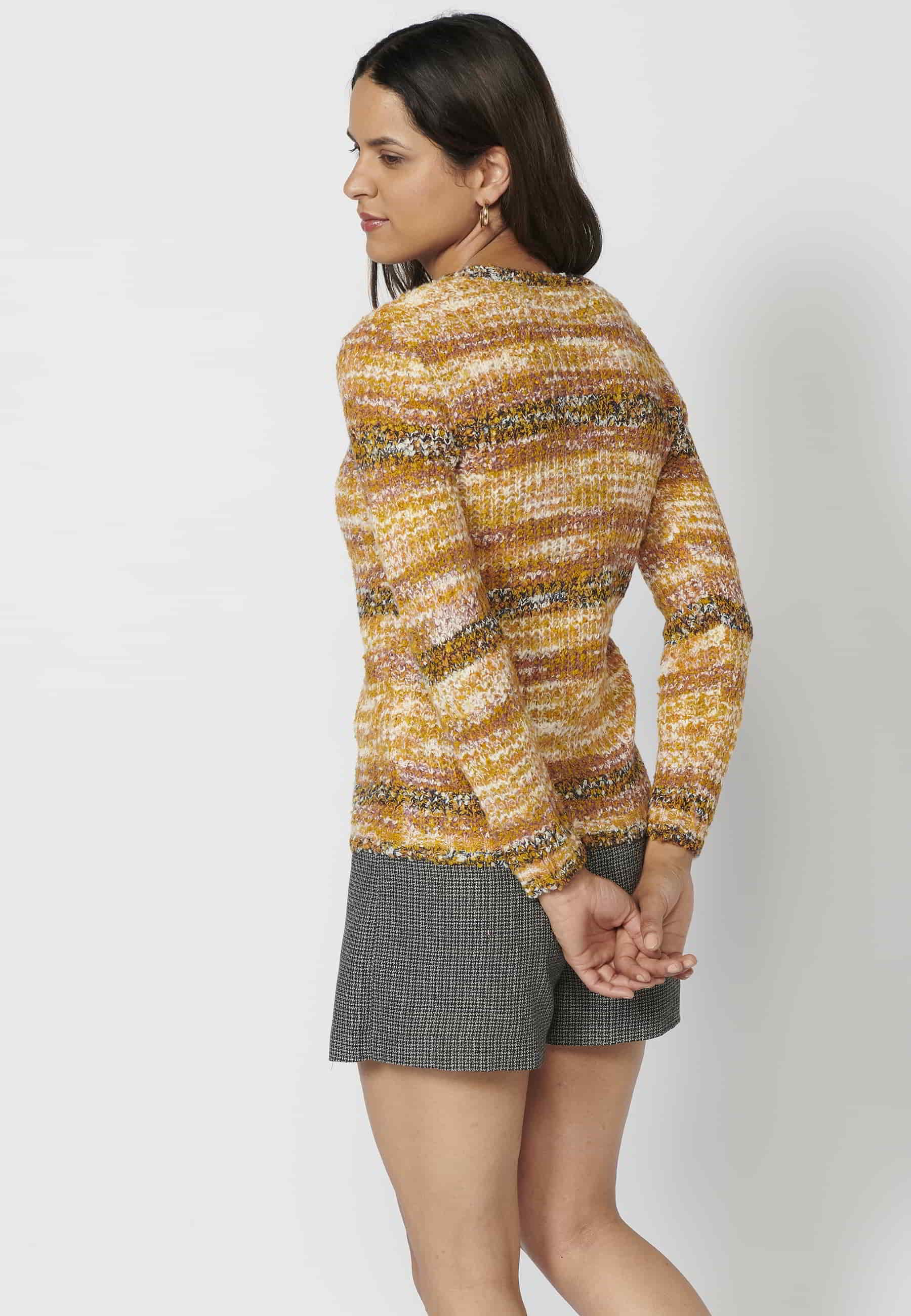 Mustard color striped long-sleeved sweater for Women