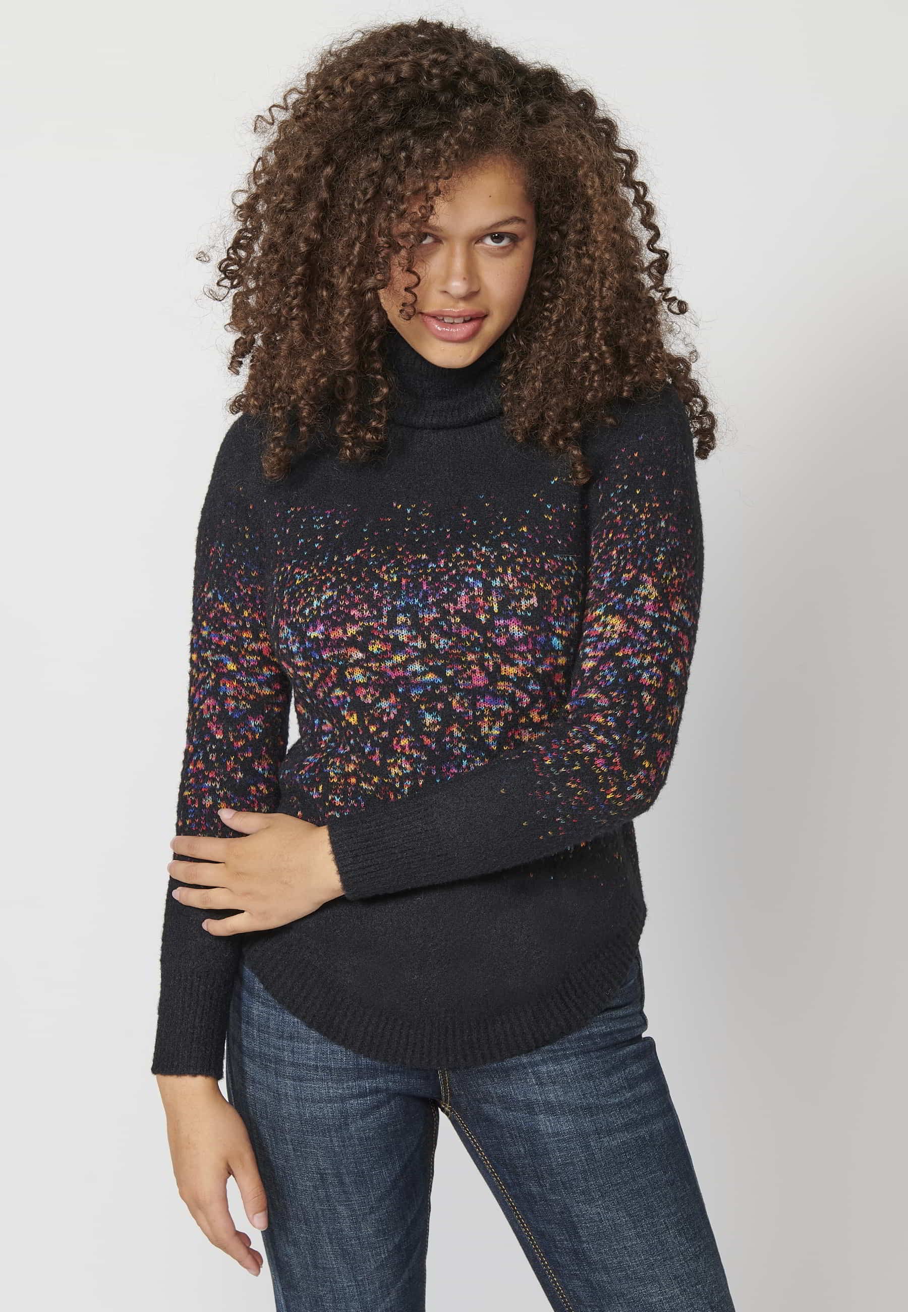 Navy-colored long-sleeved turtleneck knitted sweater for Women