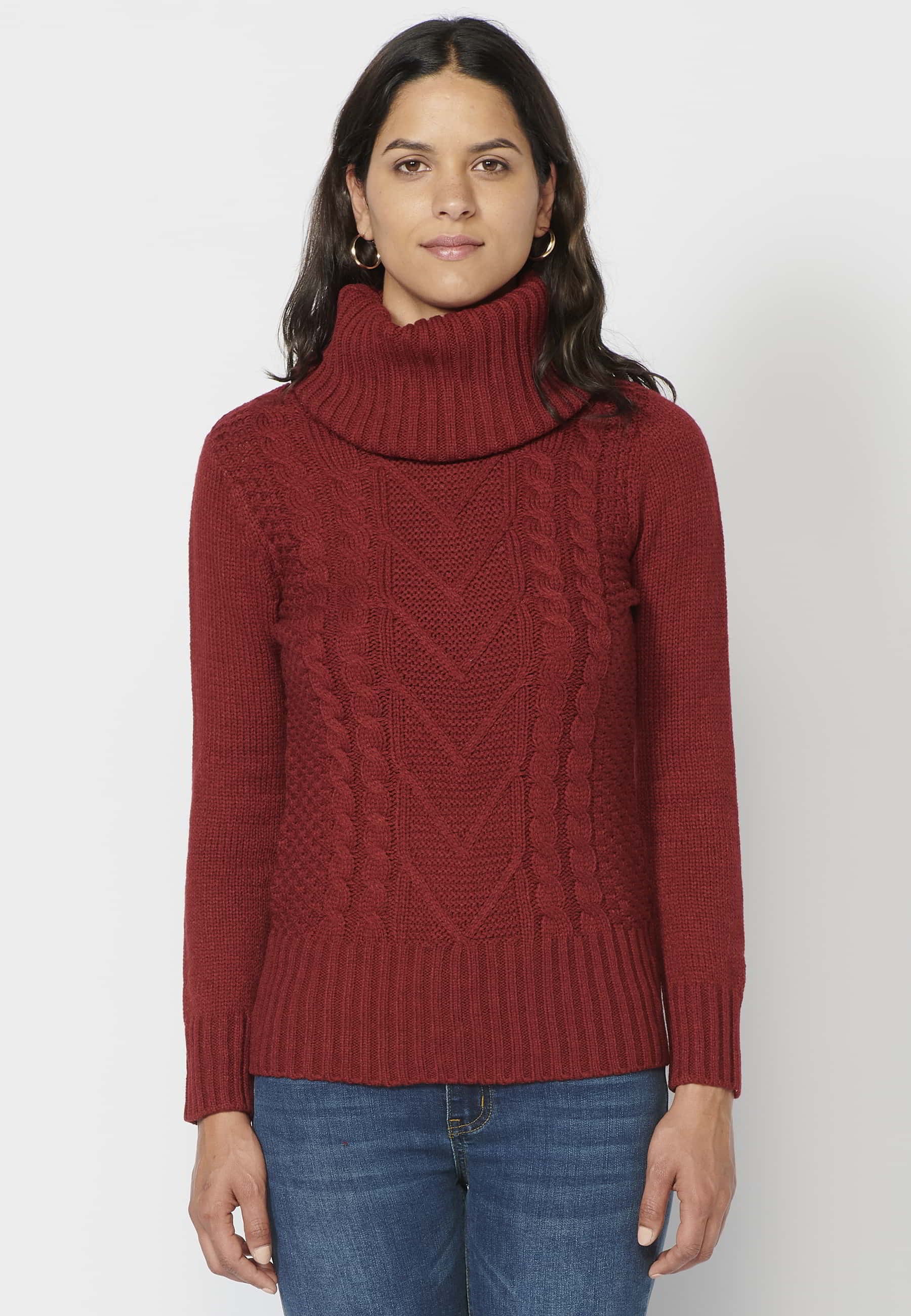 Pull bordeaux à col roulé et manches longues pour femme