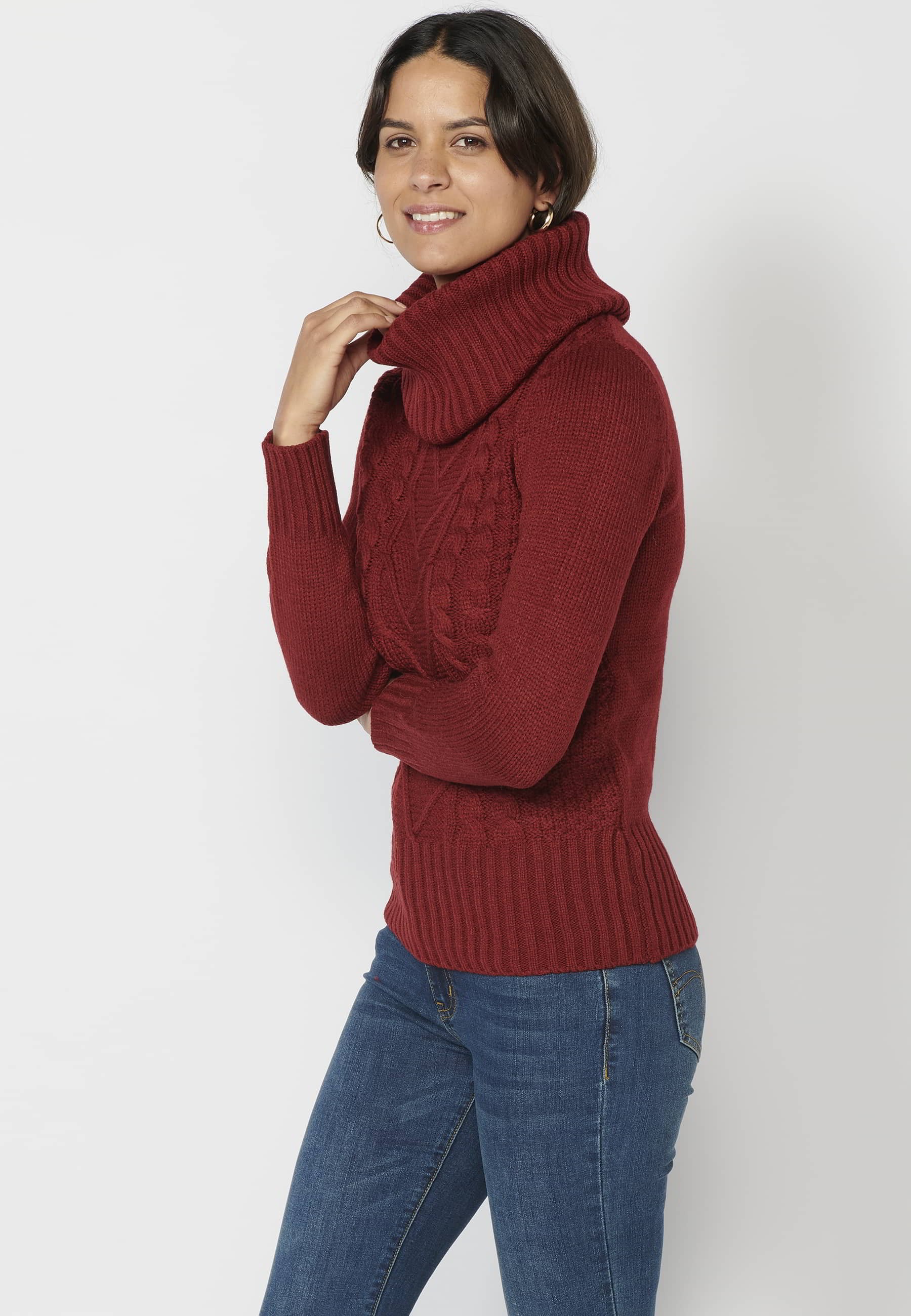 Pull bordeaux à col roulé et manches longues pour femme