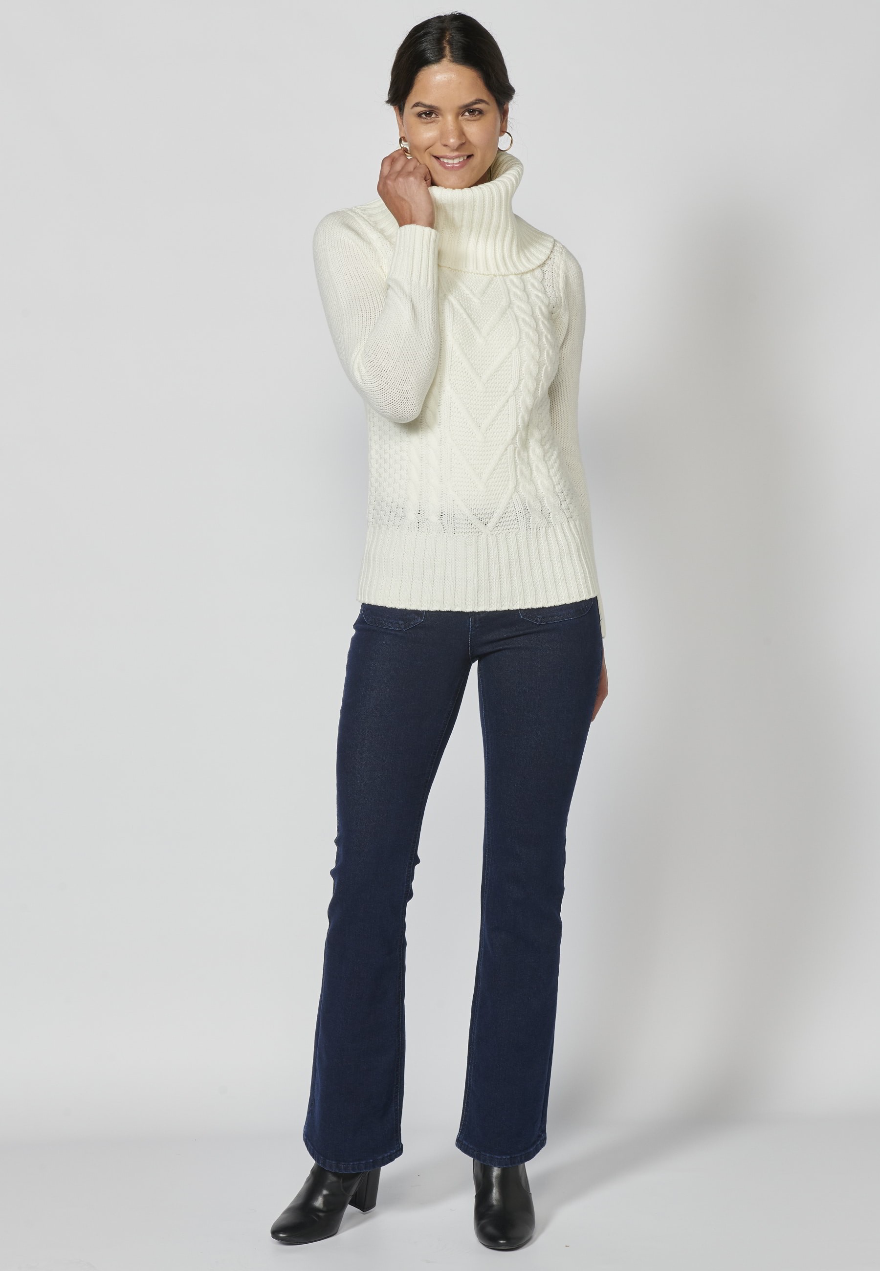 Ecru Long-Sleeved Turtleneck Sweater for Women 1