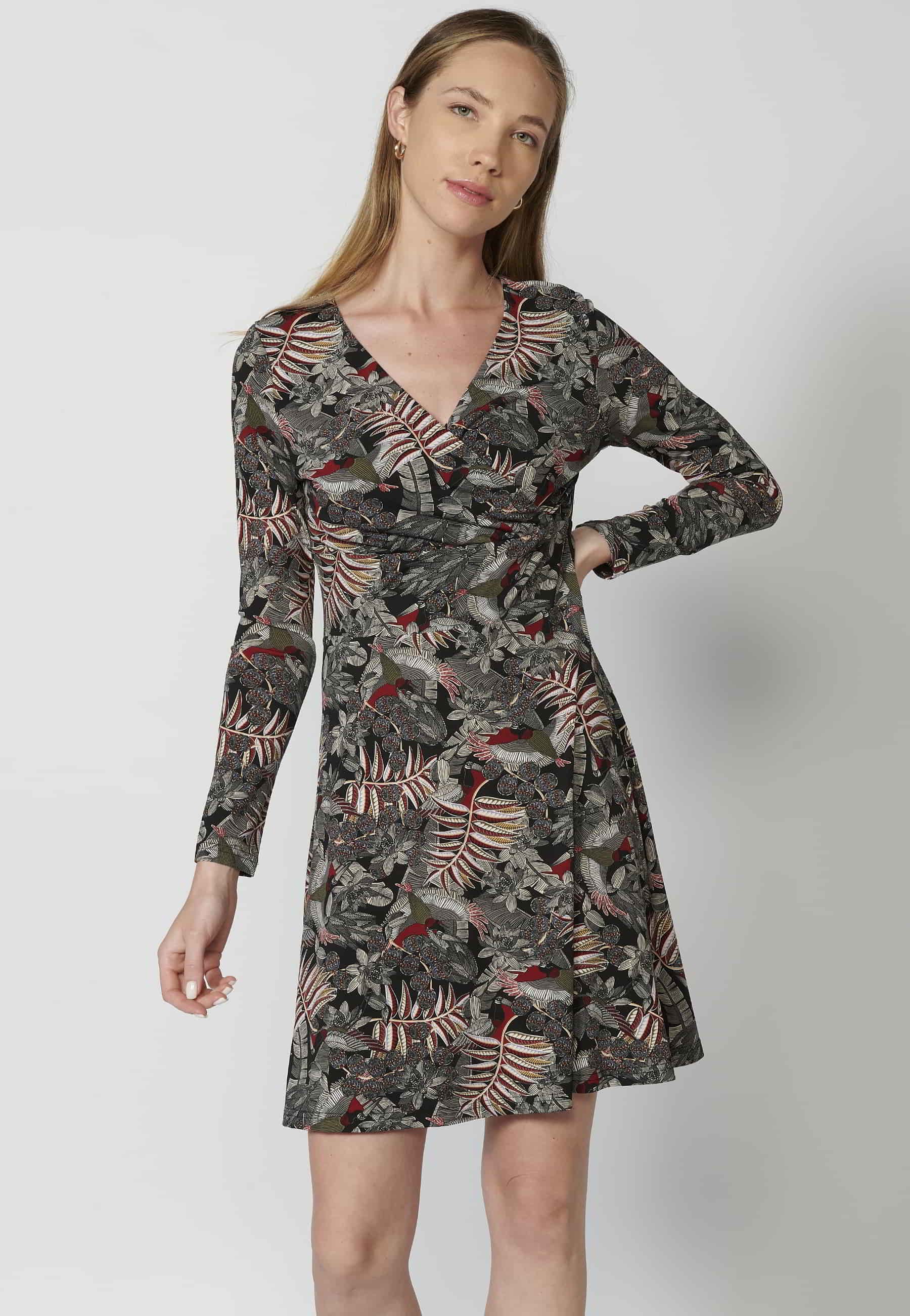 Vestido manga larga escote en V estampado floral multicolor para mujer 1