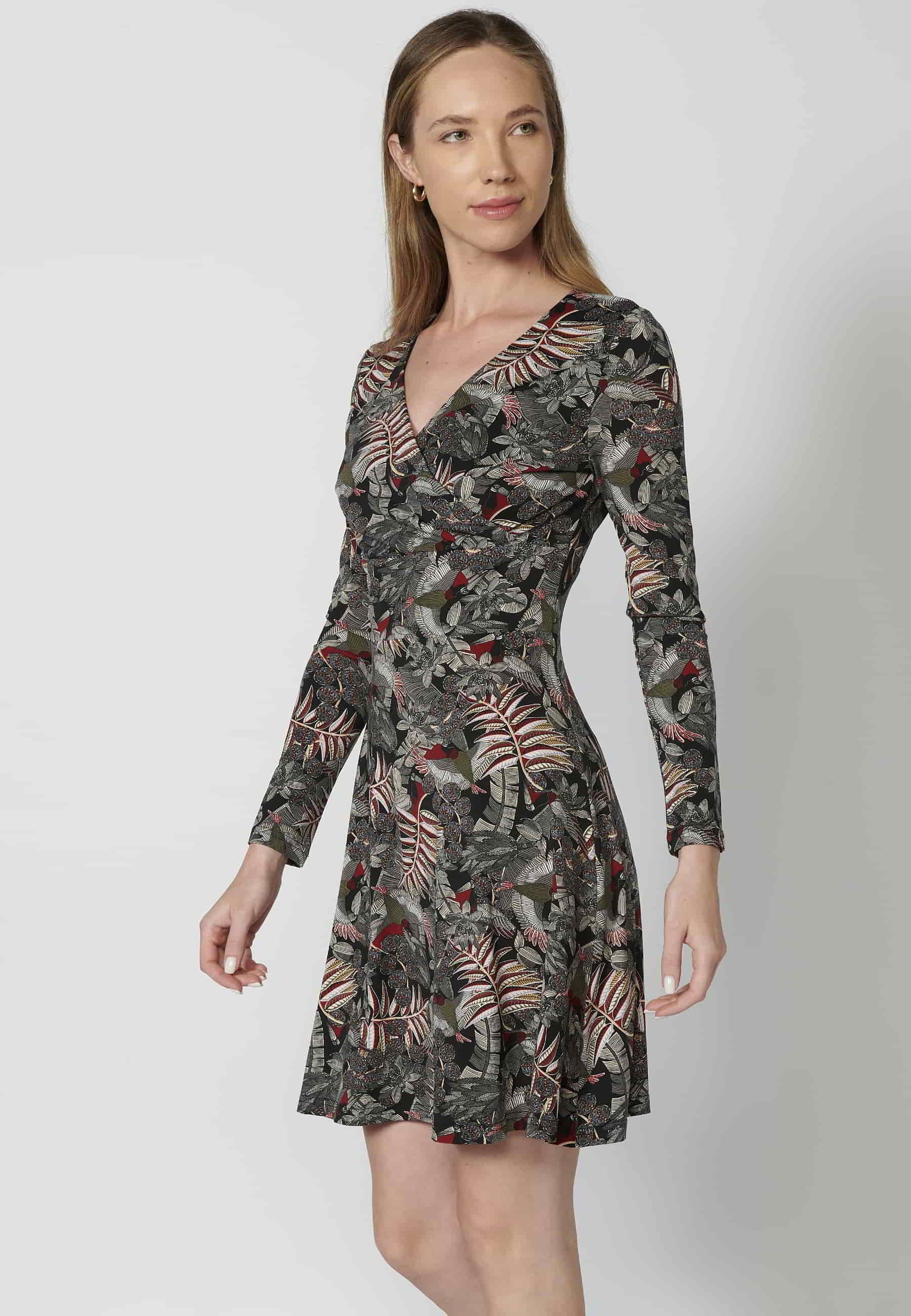 Vestido manga larga escote en V estampado floral multicolor para mujer 2