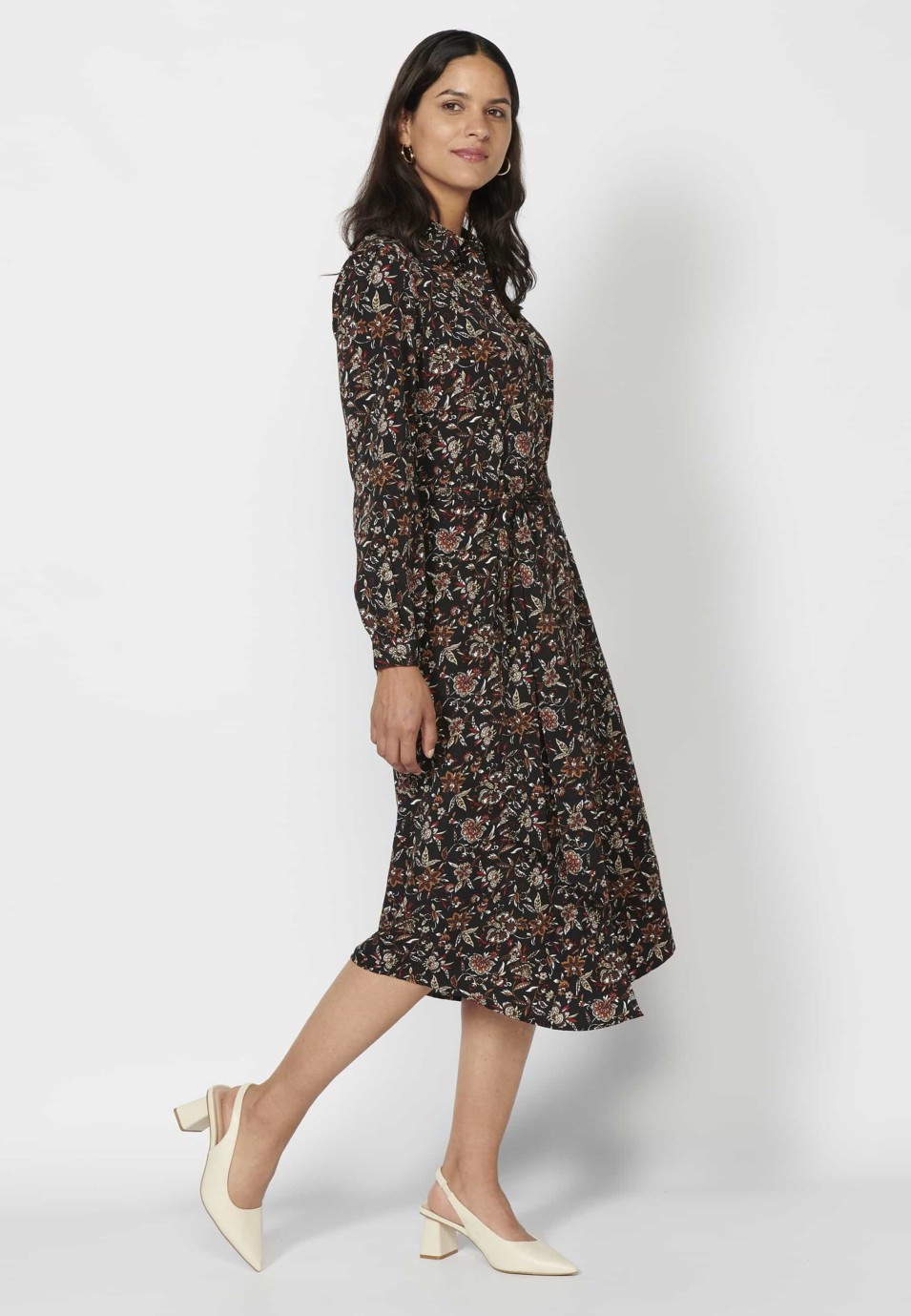 Vestido largo estilo camisero de manga larga con estampado floral color Negro para Mujer