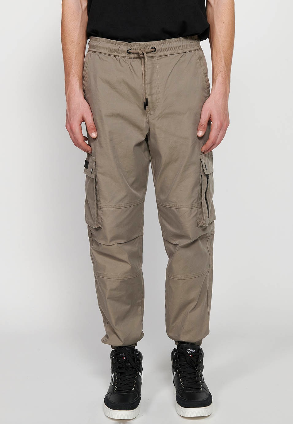 Beige Cargo Jogger Pants with Rubberized Waist with Drawstring and Pockets, Two Sides with Flap for Men