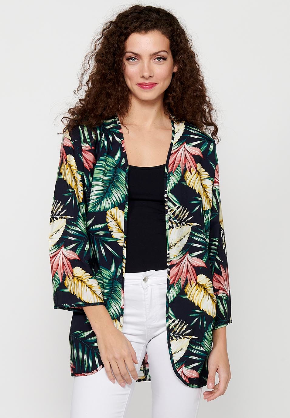 Blusa abierta fluida de manga larga con Estampado tropical de Color Multicolor para Mujer