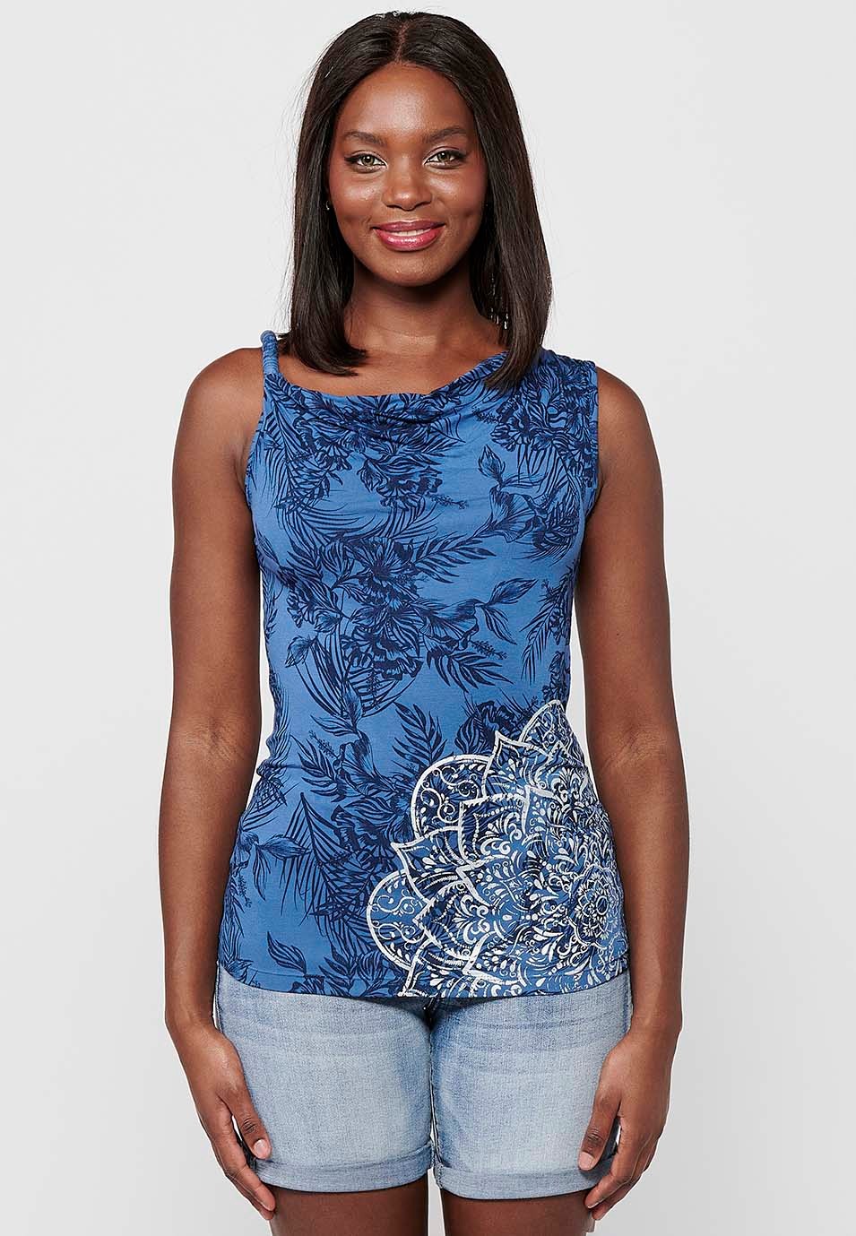 Tank top, boat neckline and blue floral print for women