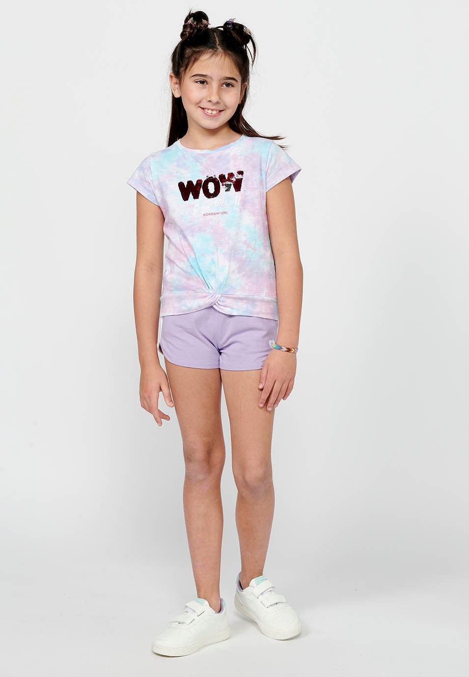 Short-sleeved T-shirt Cotton Top with Round Neck and Front Print with a Lilac Front Knot Finish for Girls