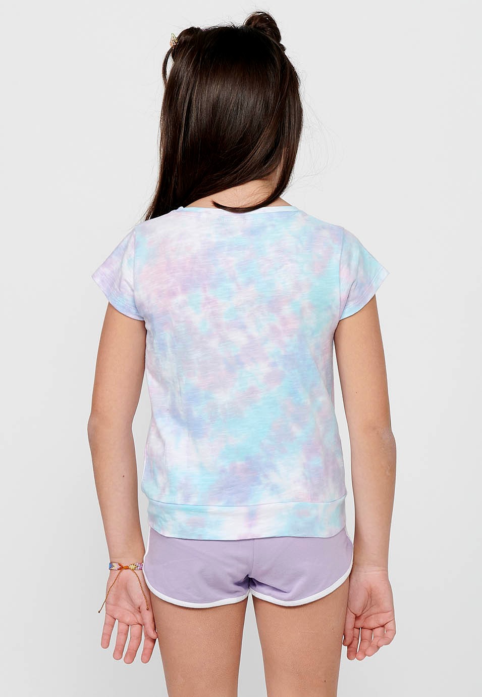 Short-sleeved T-shirt Cotton Top with Round Neck and Front Print with a Lilac Front Knot Finish for Girls 2