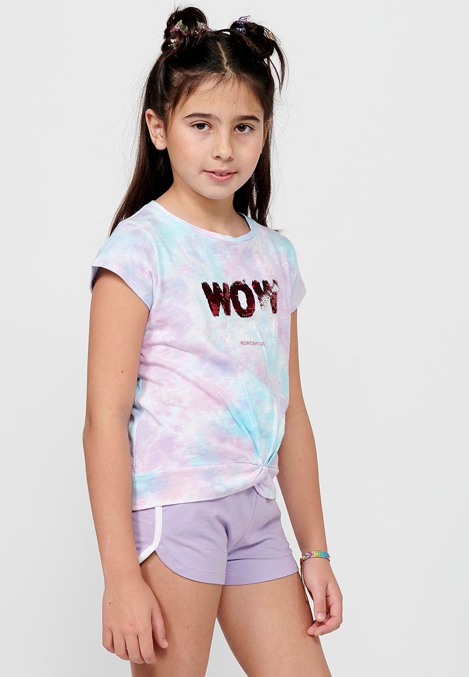 Short-sleeved T-shirt Cotton Top with Round Neck and Front Print with a Lilac Front Knot Finish for Girls 6