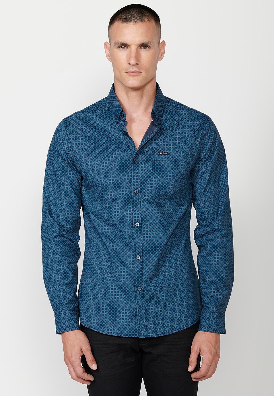 Men's Navy Long Sleeve Button Front Shirt with Flap Pocket