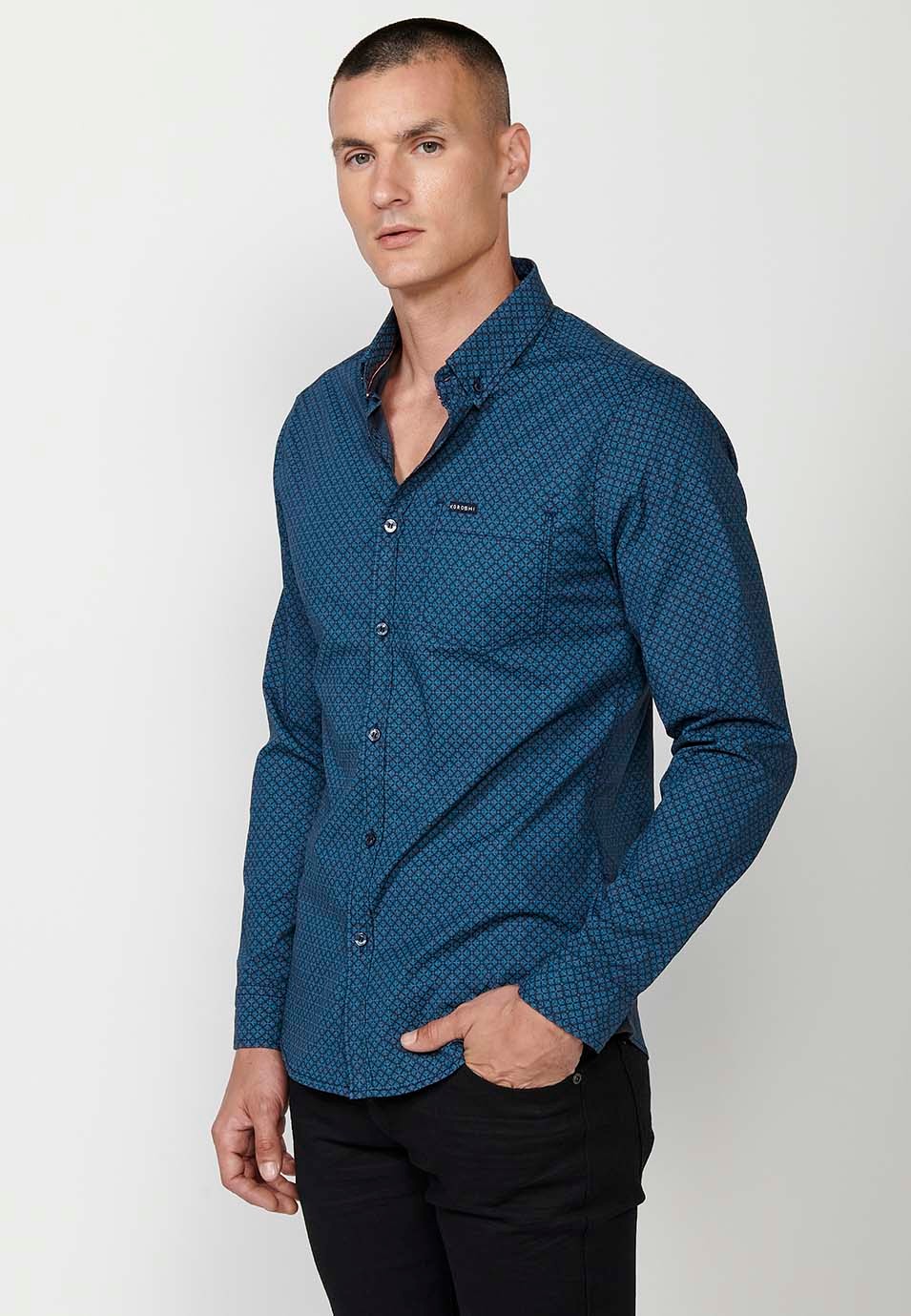 Men's Navy Long Sleeve Button Front Shirt with Flap Pocket