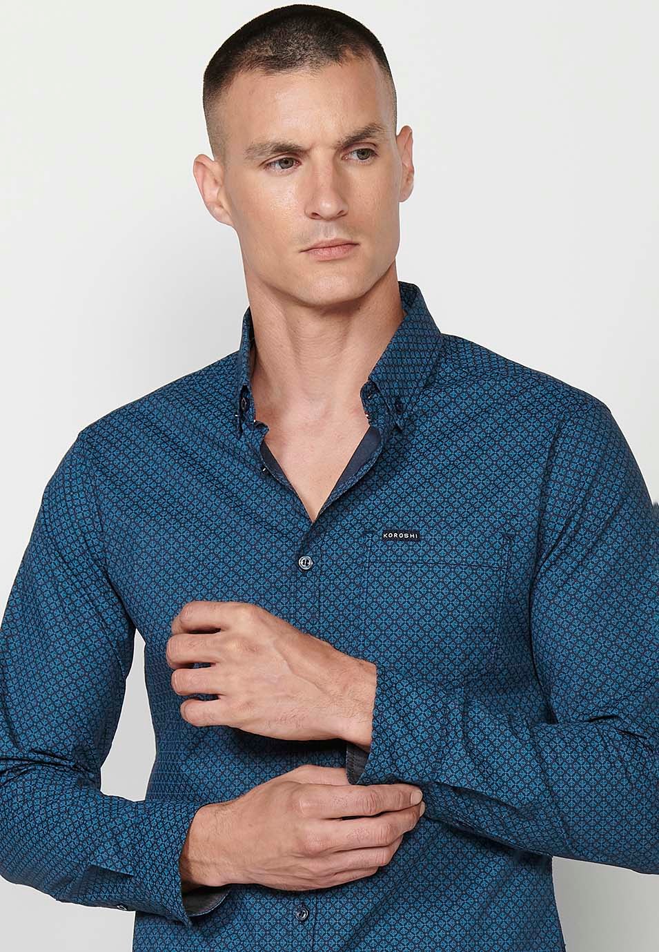 Men's Navy Long Sleeve Button Front Shirt with Flap Pocket