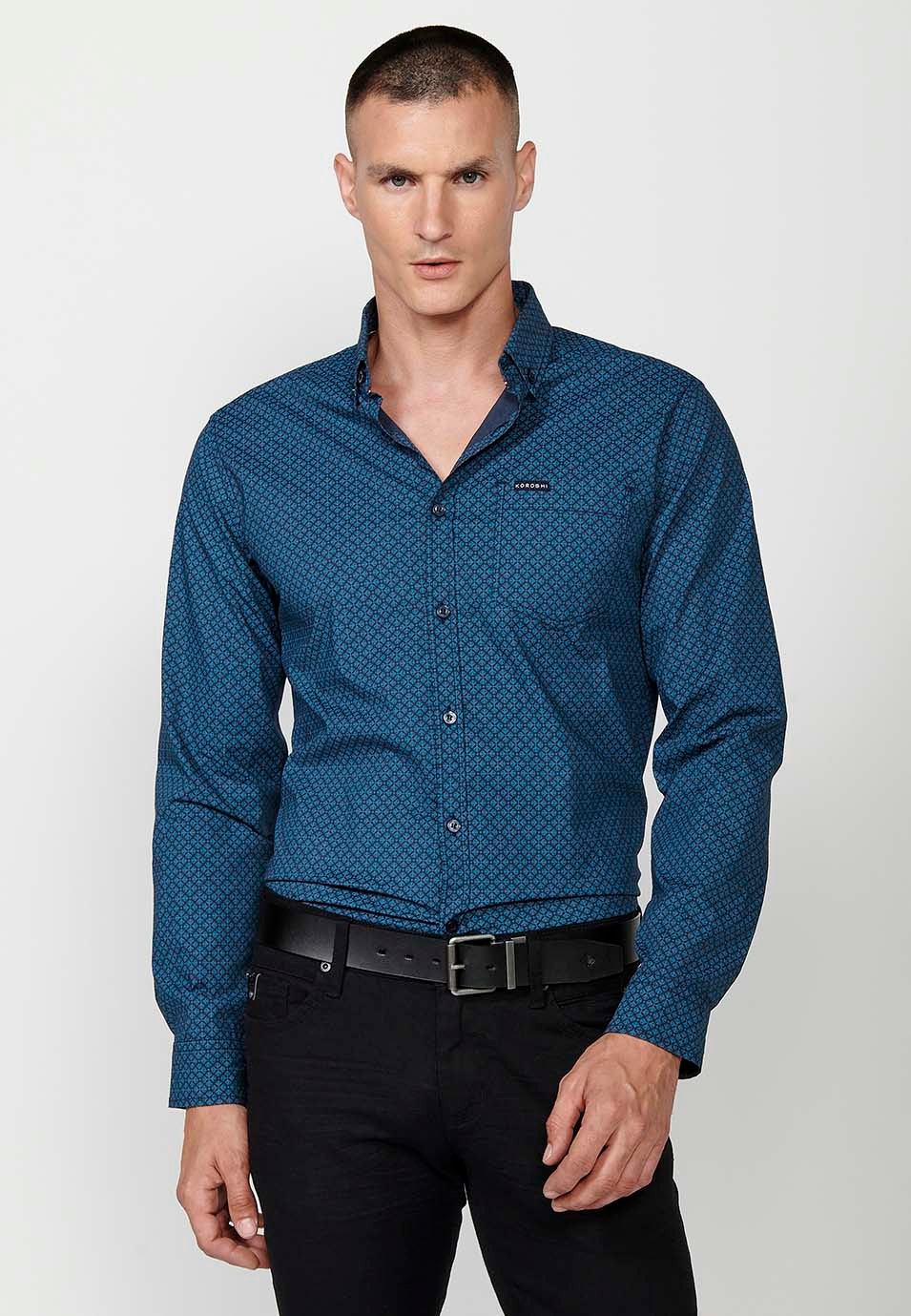 Men's Navy Long Sleeve Button Front Shirt with Flap Pocket