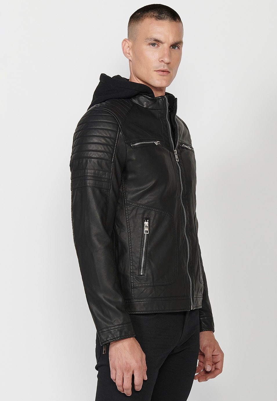 Veste en simili cuir avec col à capuche, fermeture éclair sur le devant et poches en noir pour homme 3