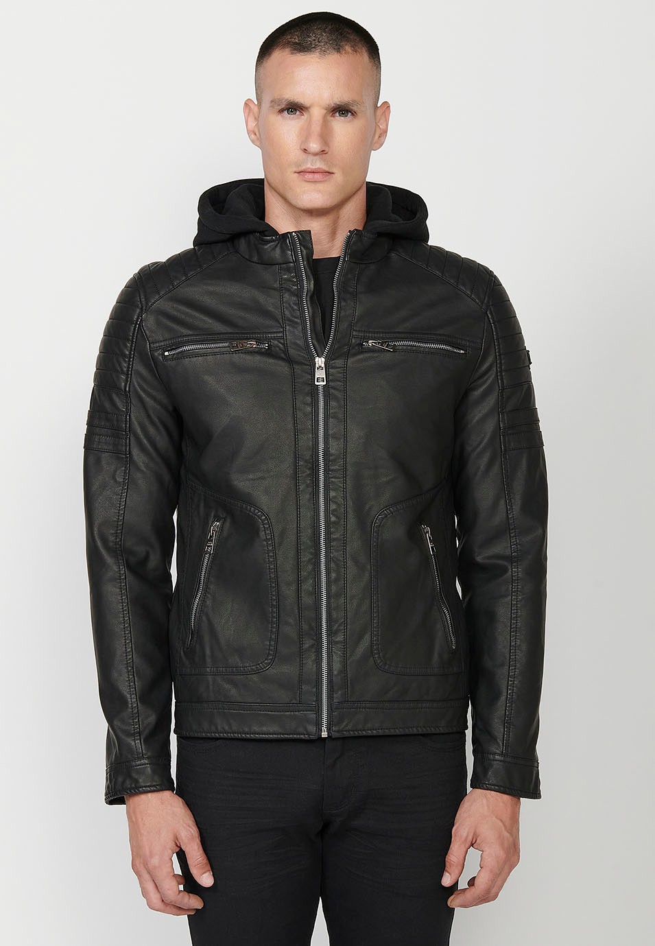 Veste en simili cuir avec col à capuche, fermeture éclair sur le devant et poches en noir pour homme 5