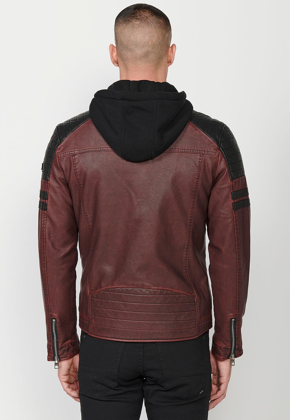 Chaqueta Cazadora efecto piel con Cuello con capucha con Cierre delantero con cremallera y Bolsillos color Vino para Hombre 4