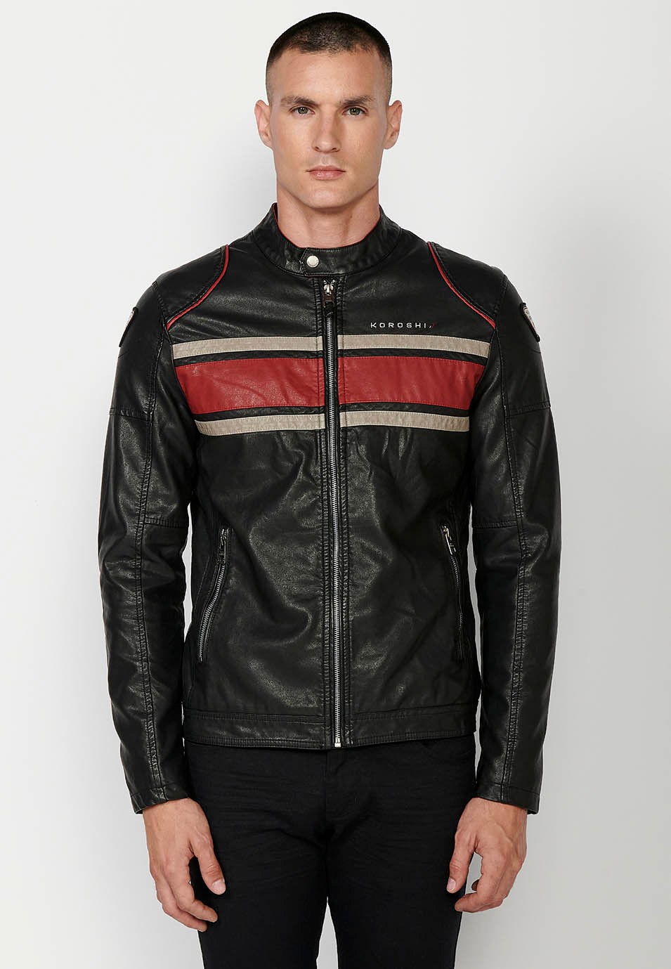 Veste effet cuir avec col rond haut et imprimé au dos, avec fermeture éclair sur le devant en Noir pour homme 4