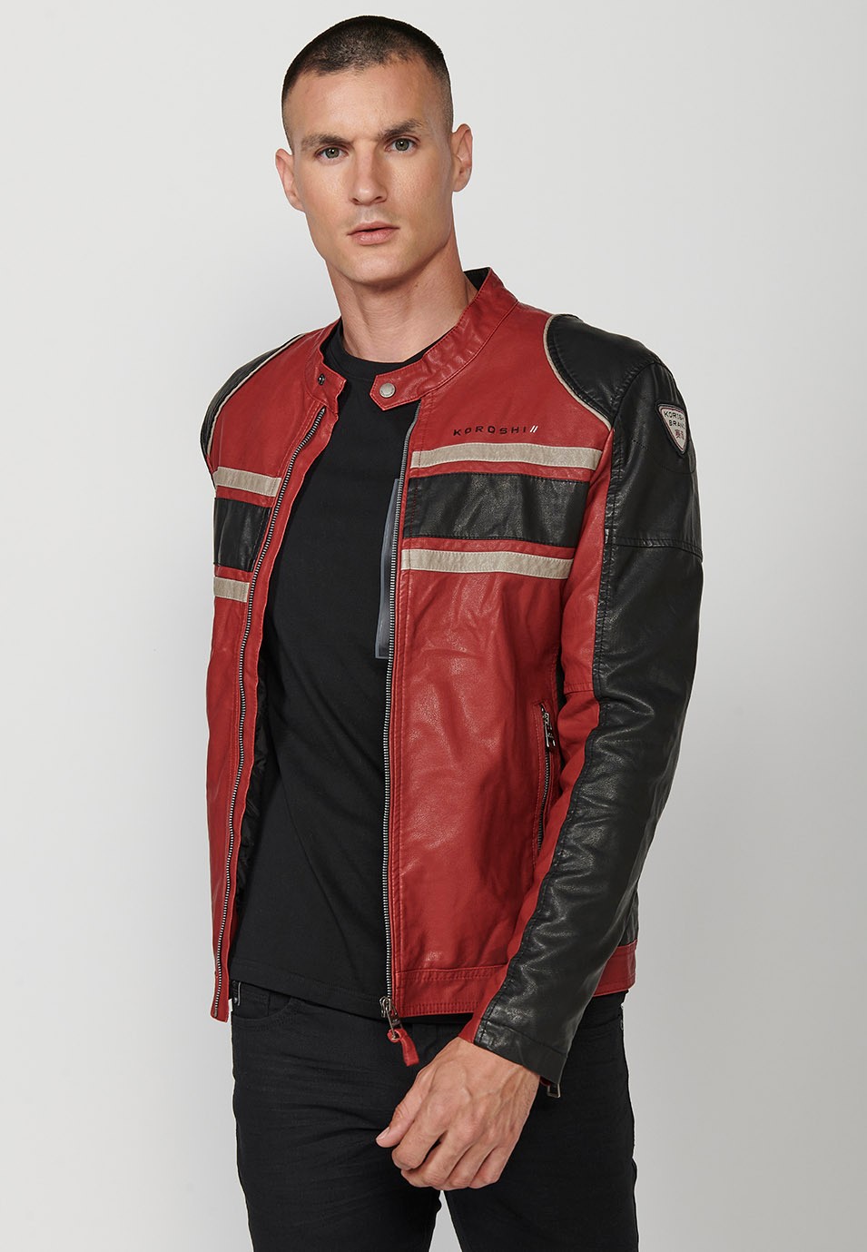 Faux Leather Jacket with High Round Neck and Back Print, has Front Zip Closure in Red for Men