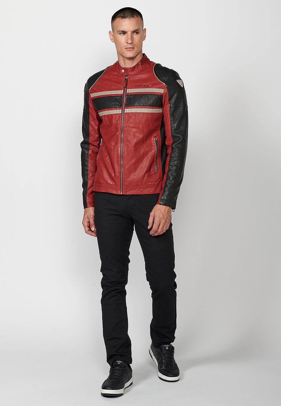 Faux Leather Jacket with High Round Neck and Back Print, has Front Zip Closure in Red for Men 1