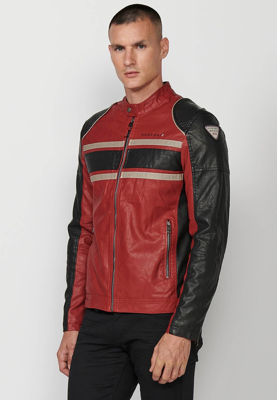 Faux Leather Jacket with High Round Neck and Back Print, has Front Zip Closure in Red for Men 2