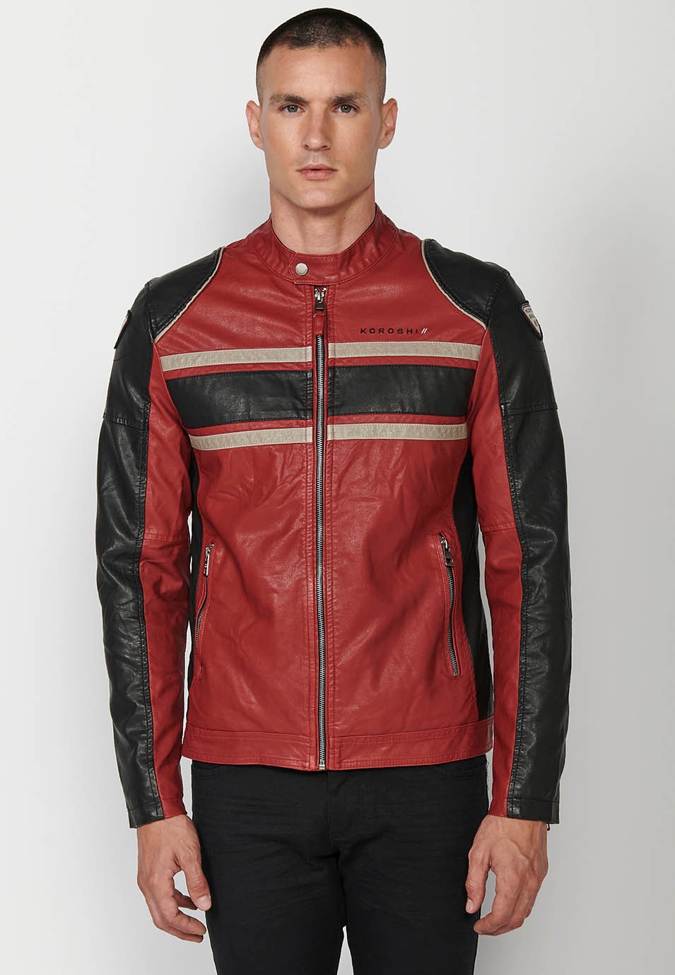 Faux Leather Jacket with High Round Neck and Back Print, has Front Zip Closure in Red for Men 3