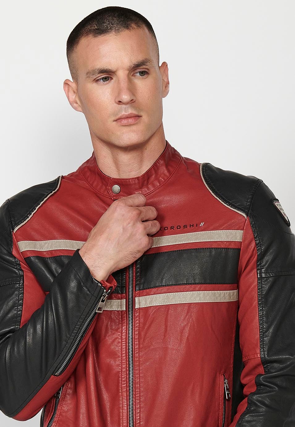 Faux Leather Jacket with High Round Neck and Back Print, has Front Zip Closure in Red for Men 5