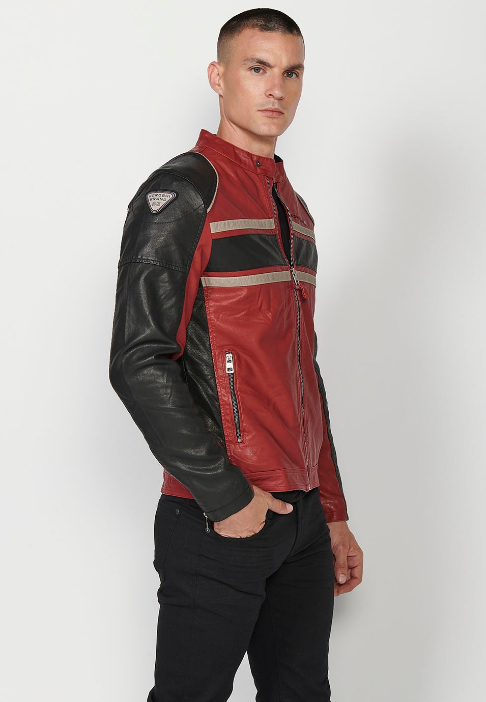 Faux Leather Jacket with High Round Neck and Back Print, has Front Zip Closure in Red for Men 4