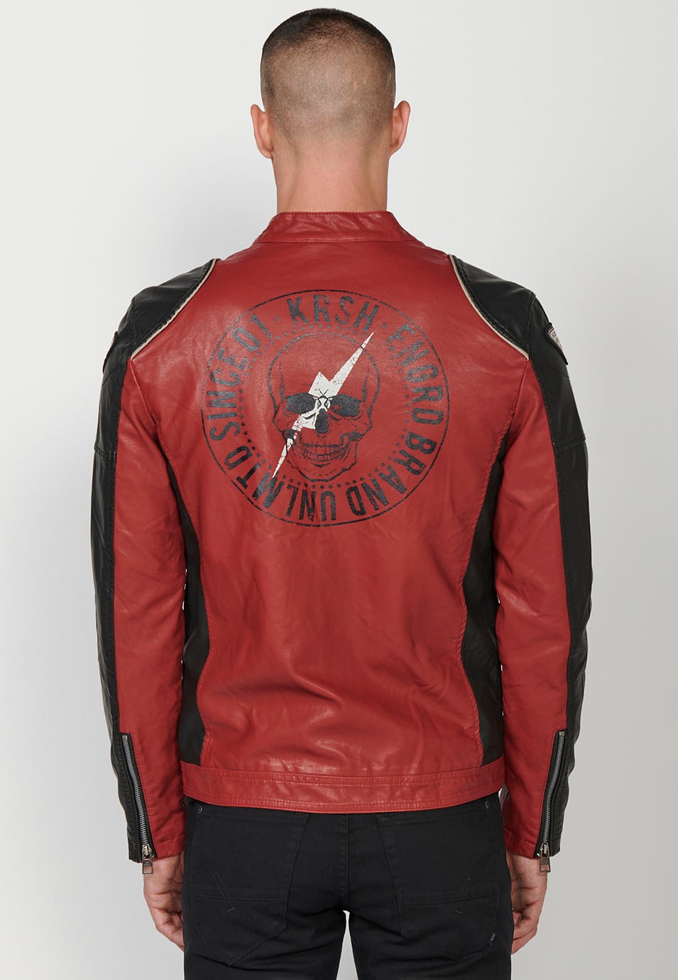 Faux Leather Jacket with High Round Neck and Back Print, has Front Zip Closure in Red for Men 7