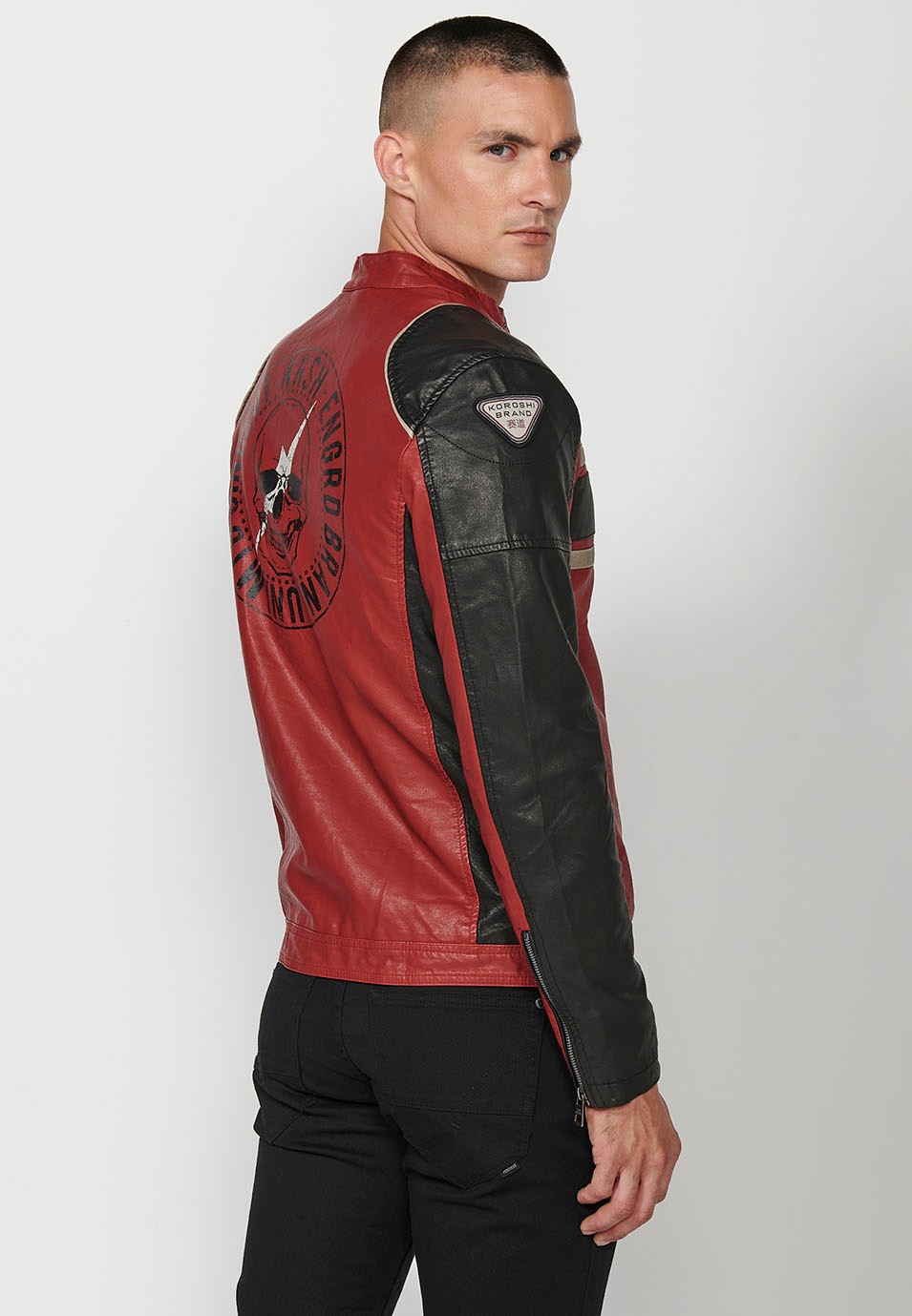 Faux Leather Jacket with High Round Neck and Back Print, has Front Zip Closure in Red for Men 6