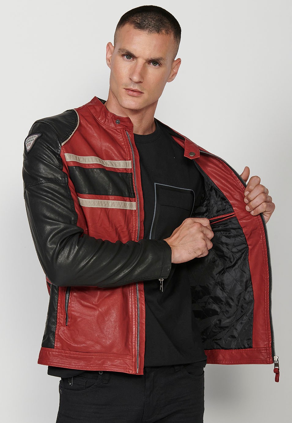 Faux Leather Jacket with High Round Neck and Back Print, has Front Zip Closure in Red for Men 8