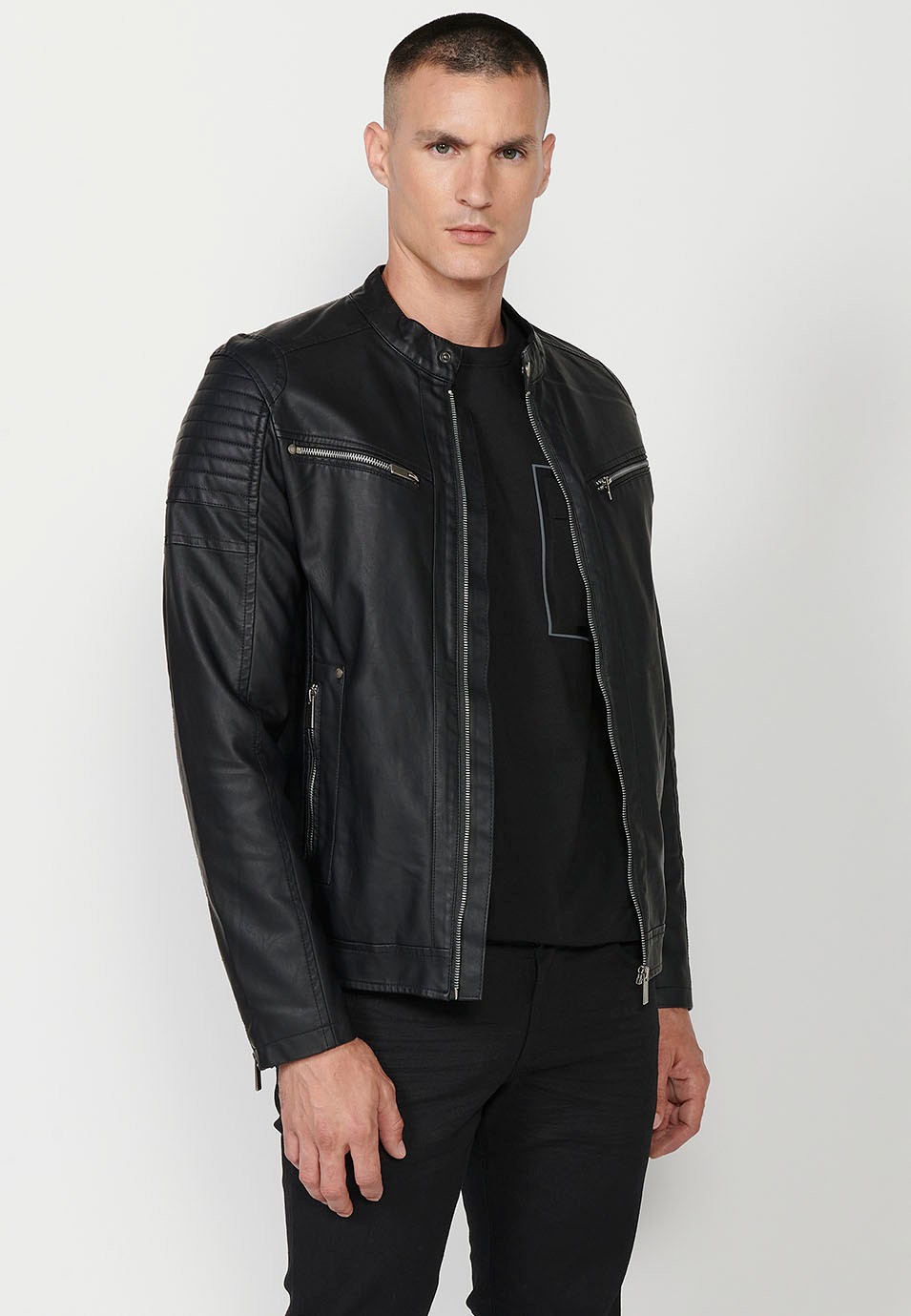 Faux Leather Jacket with Round Neck and Front Zip Closure and Pockets in Black for Men