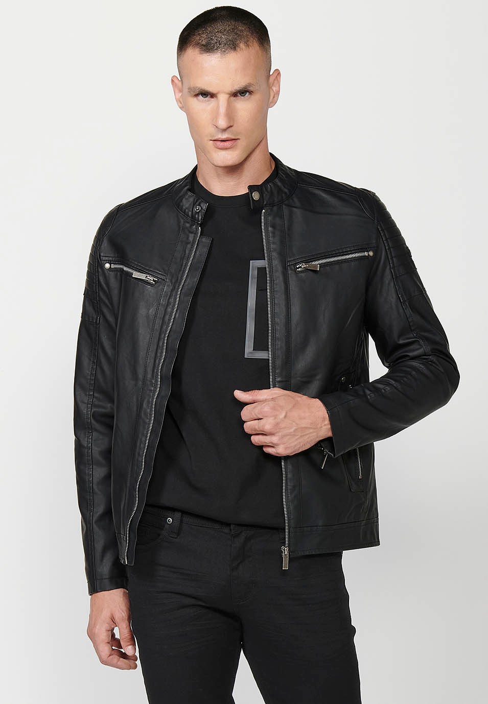 Faux Leather Jacket with Round Neck and Front Zip Closure and Pockets in Black for Men 3